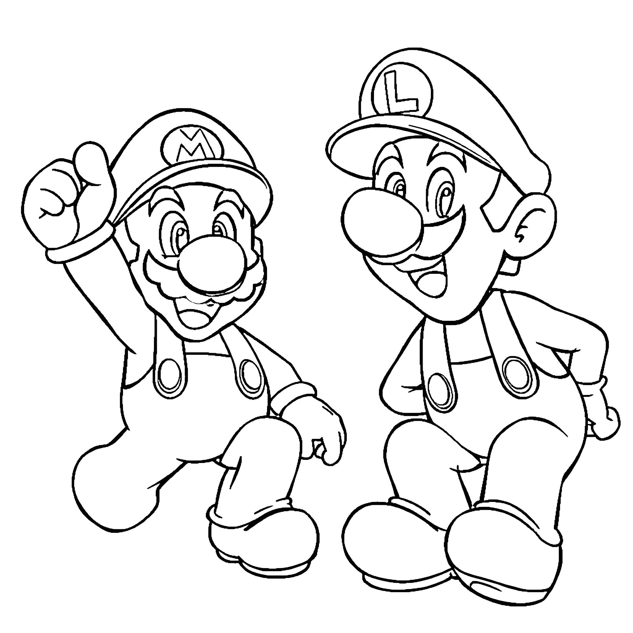 Mario and Luigi's Energetic Adventure Coloring Page (free black-and-white line drawing printable PDF for all, from beginners to advanced learners, including children, teens, adults, and seniors)