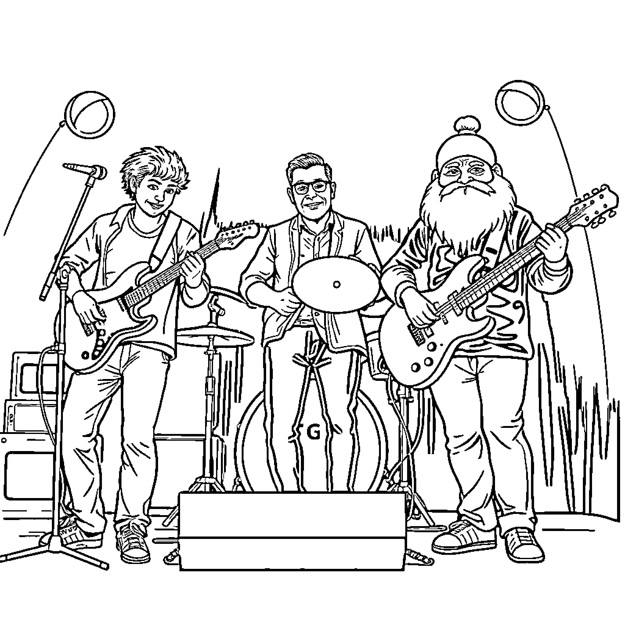 Band performing on stage with guitars and drums Coloring Page (free black-and-white line drawing printable PDF for all, from beginners to advanced learners, including children, teens, adults, and seniors)