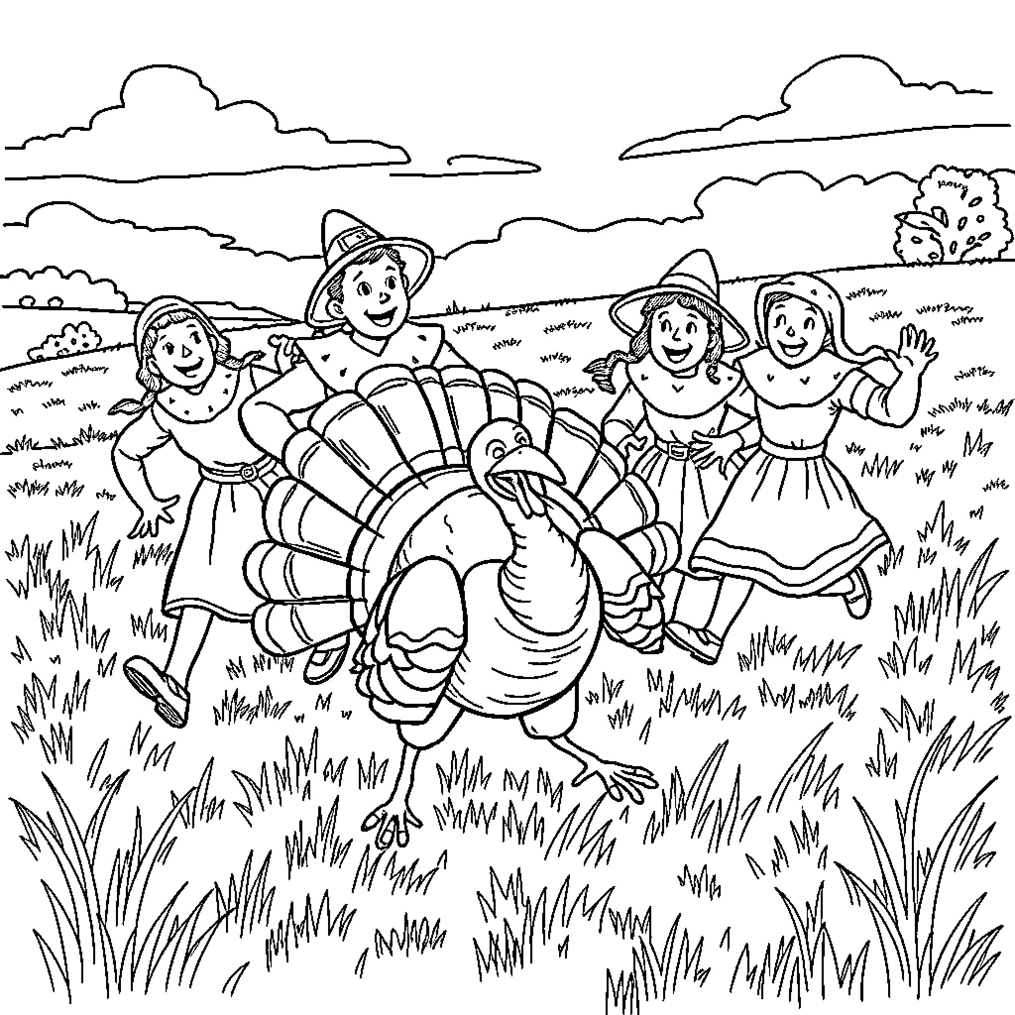 Pilgrim figures celebrating Thanksgiving in a field Coloring Page (free black-and-white line drawing printable PDF for all, from beginners to advanced learners, including children, teens, adults, and seniors)