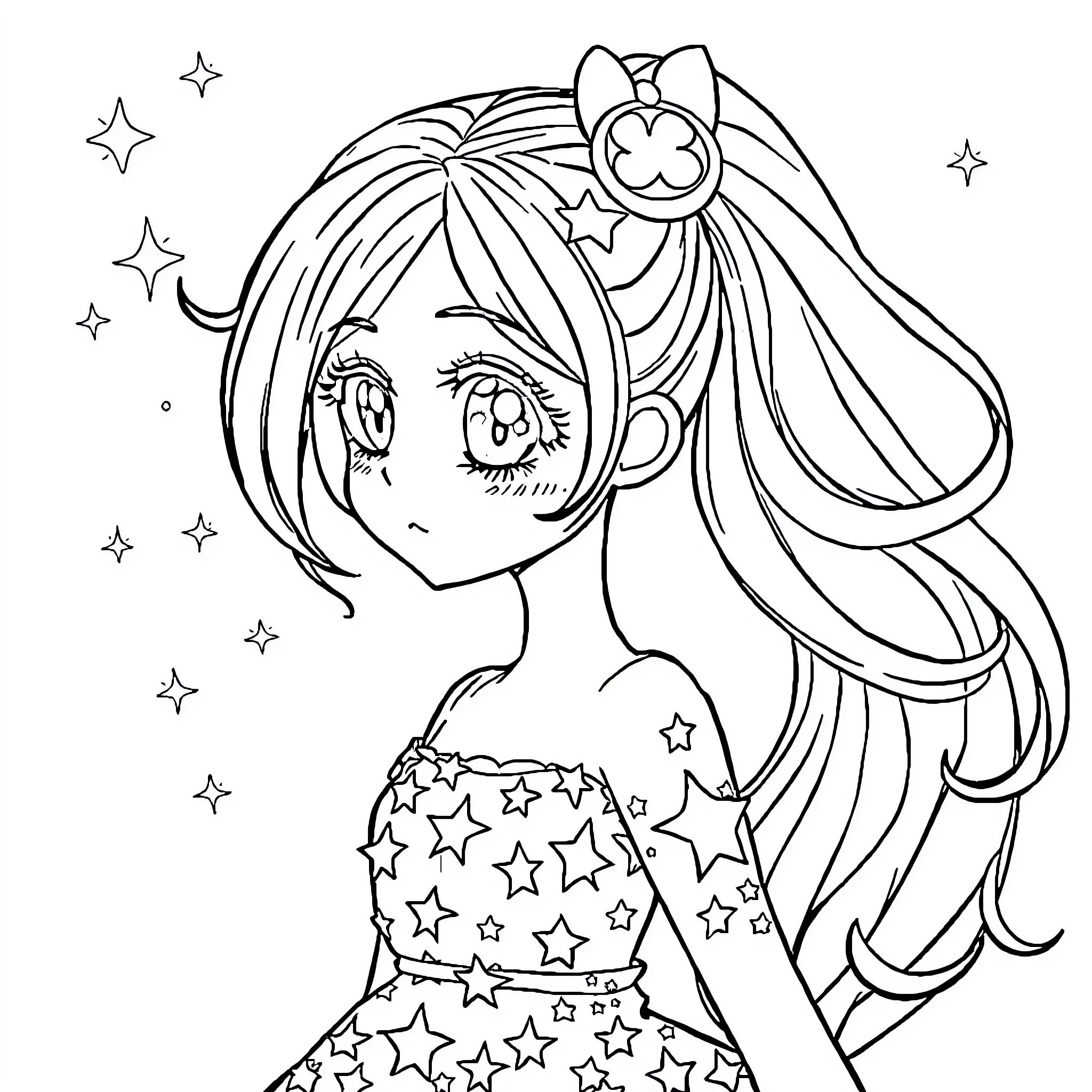 Anime Girl with Cute Cat Ears and Starry Outfit Coloring Page (free black-and-white line drawing printable PDF for all, from beginners to advanced learners, including children, teens, adults, and seniors)