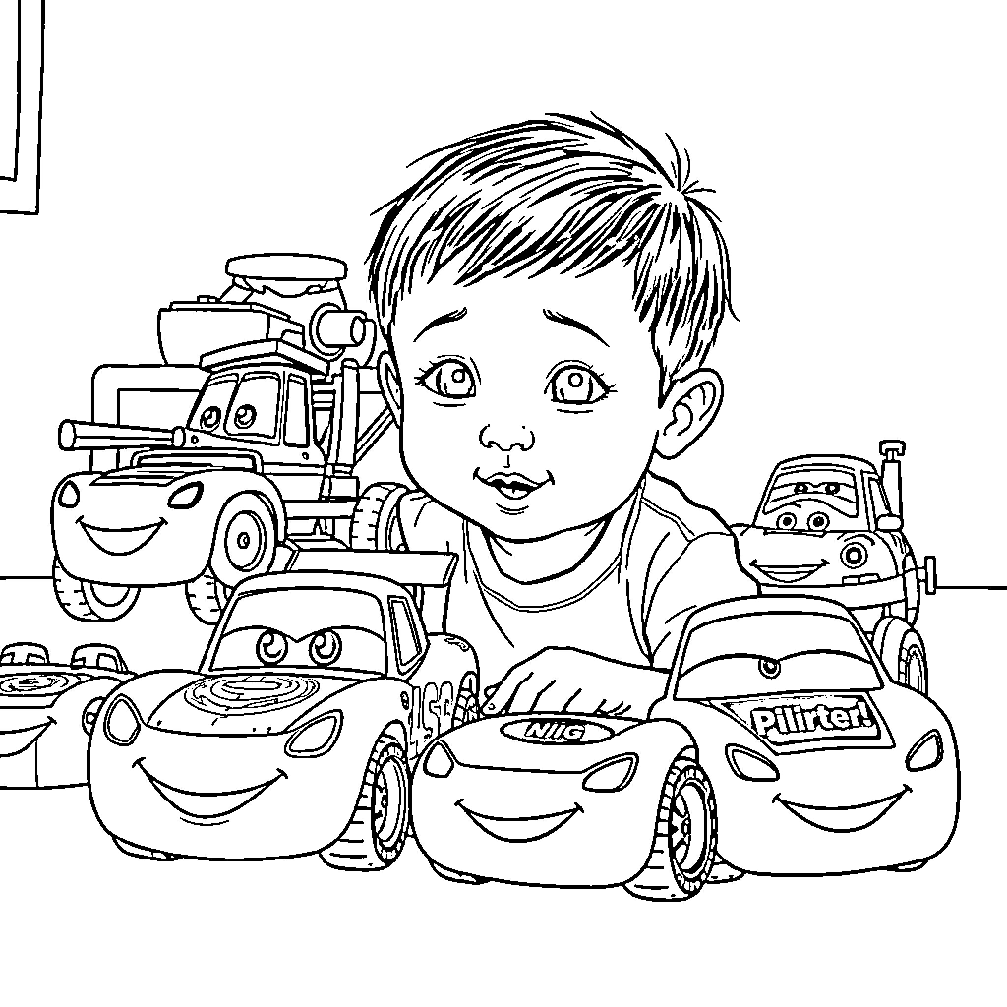 Boy playing with toy cars in bedroom Coloring Page (free black-and-white line drawing printable PDF for all, from beginners to advanced learners, including children, teens, adults, and seniors)
