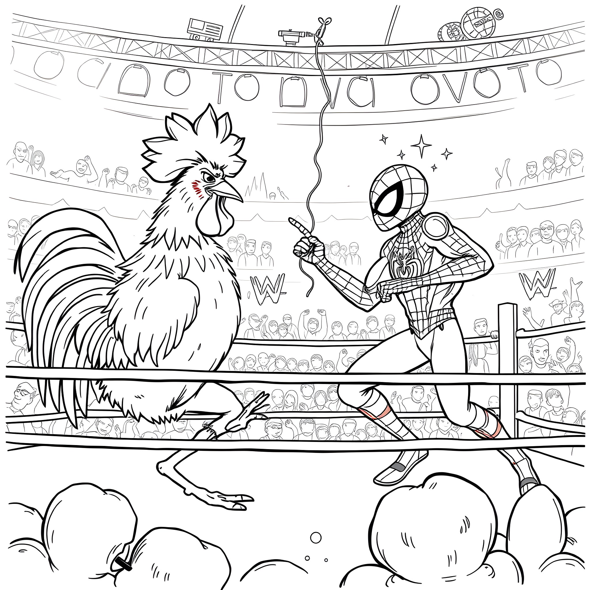 Wrestler battles giant rooster in the ring Coloring Page (free black-and-white line drawing printable PDF for all, from beginners to advanced learners, including children, teens, adults, and seniors)