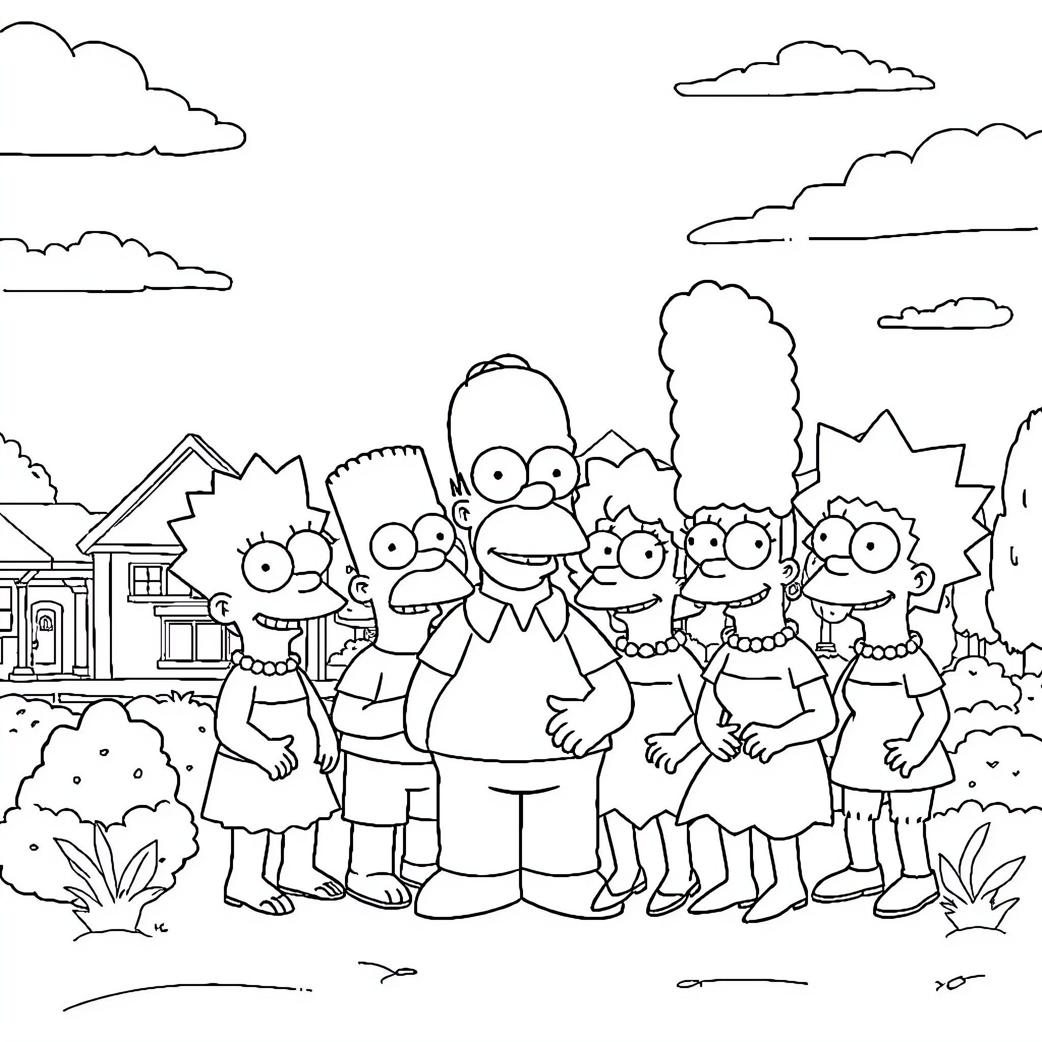 Simpson family members portrayed in a simple outdoor scene Coloring Page (free black-and-white line drawing printable PDF for all, from beginners to advanced learners, including children, teens, adults, and seniors)
