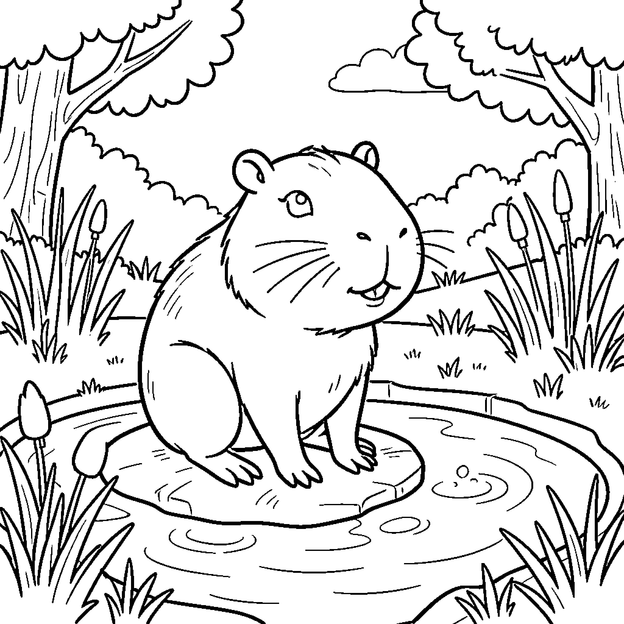 Capybara sitting calmly on a rock by the pond Coloring Page (free black-and-white line drawing printable PDF for all, from beginners to advanced learners, including children, teens, adults, and seniors)
