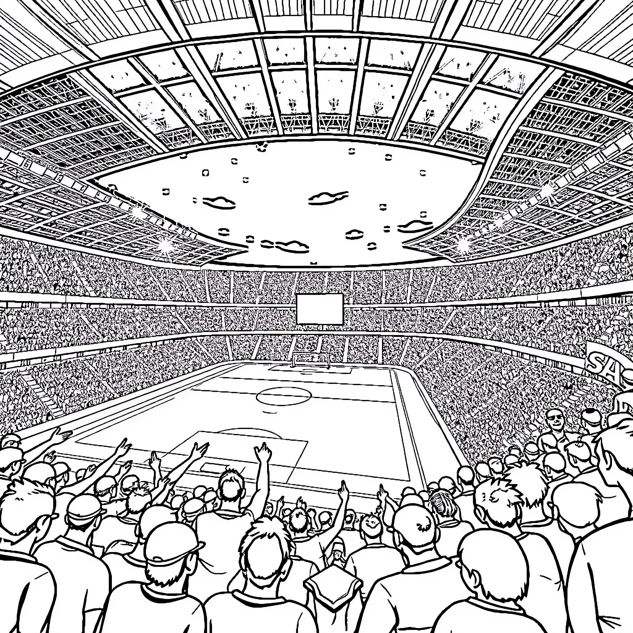 Soccer Stadium Full of Enthusiastic Fans Coloring Page (free black-and-white line drawing printable PDF for all, from beginners to advanced learners, including children, teens, adults, and seniors)