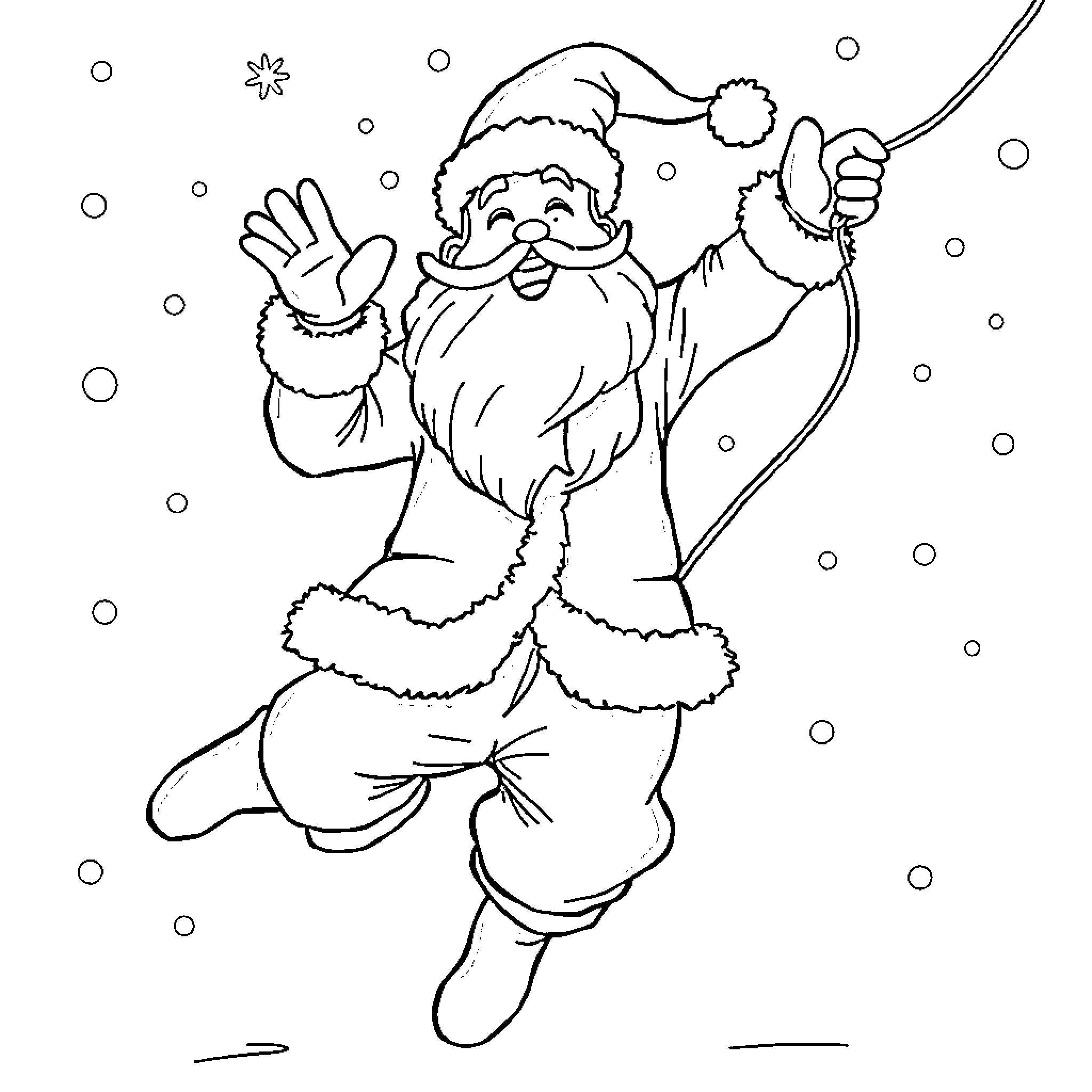 Père Noël jumping in winter wonderland Coloring Page (free black-and-white line drawing printable PDF for all, from beginners to advanced learners, including children, teens, adults, and seniors)