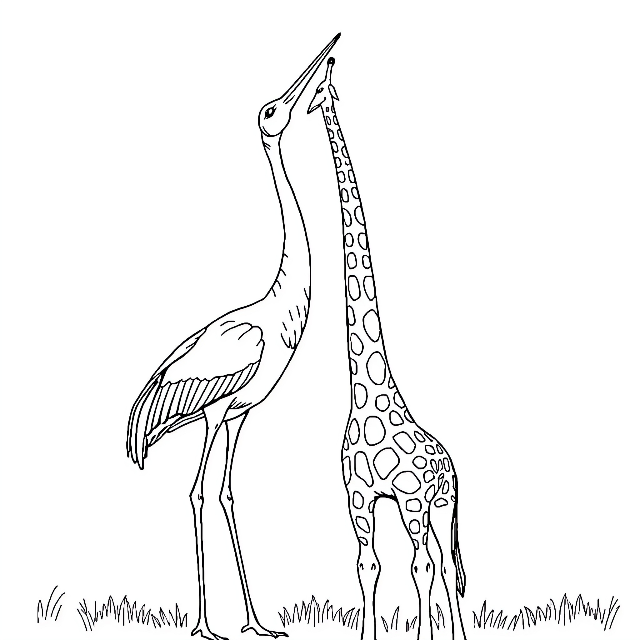 Crane standing tall amid grass Coloring Page (free black-and-white line drawing printable PDF for all, from beginners to advanced learners, including children, teens, adults, and seniors)