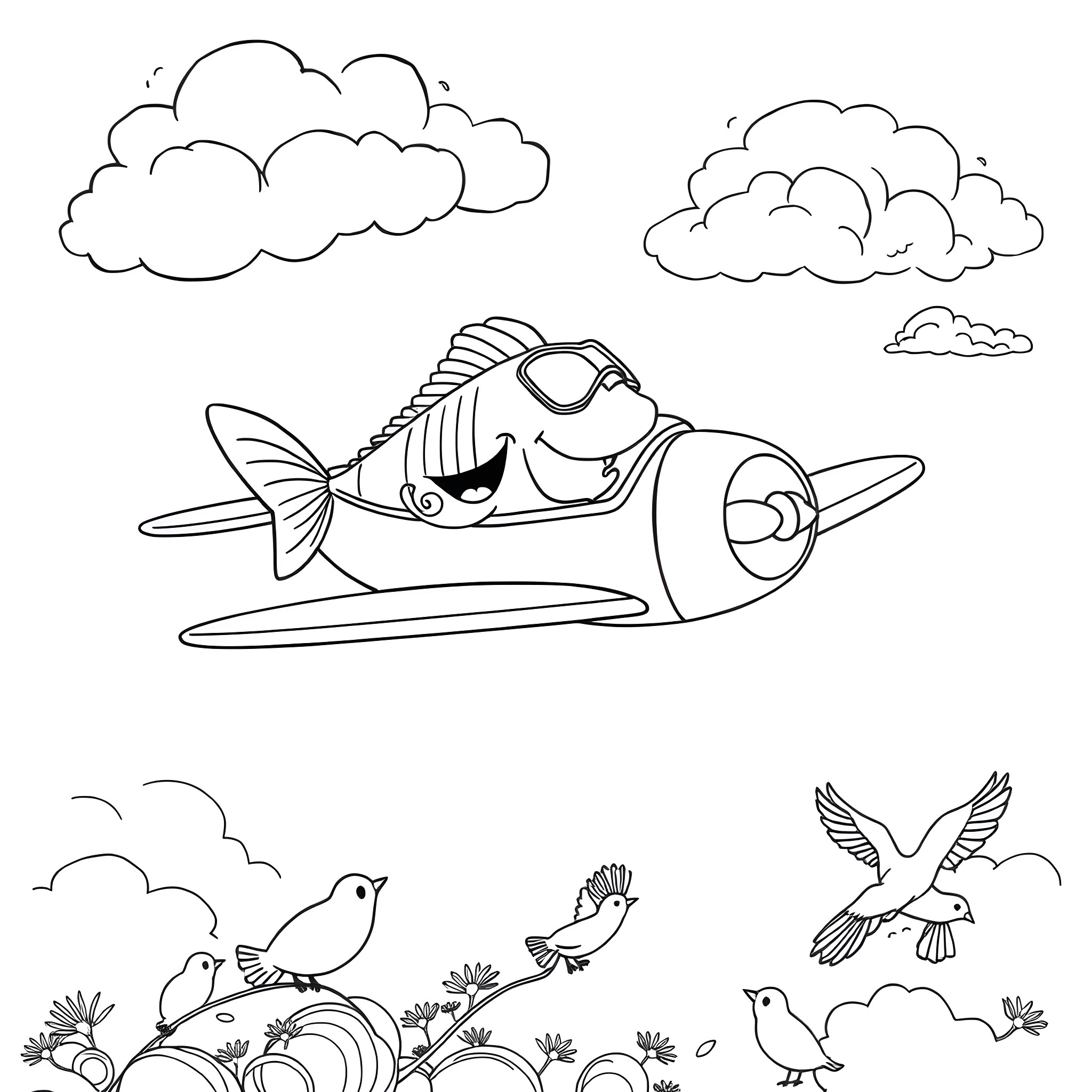 Fish happily flying in the sky with clouds Coloring Page (free black-and-white line drawing printable PDF for all, from beginners to advanced learners, including children, teens, adults, and seniors)
