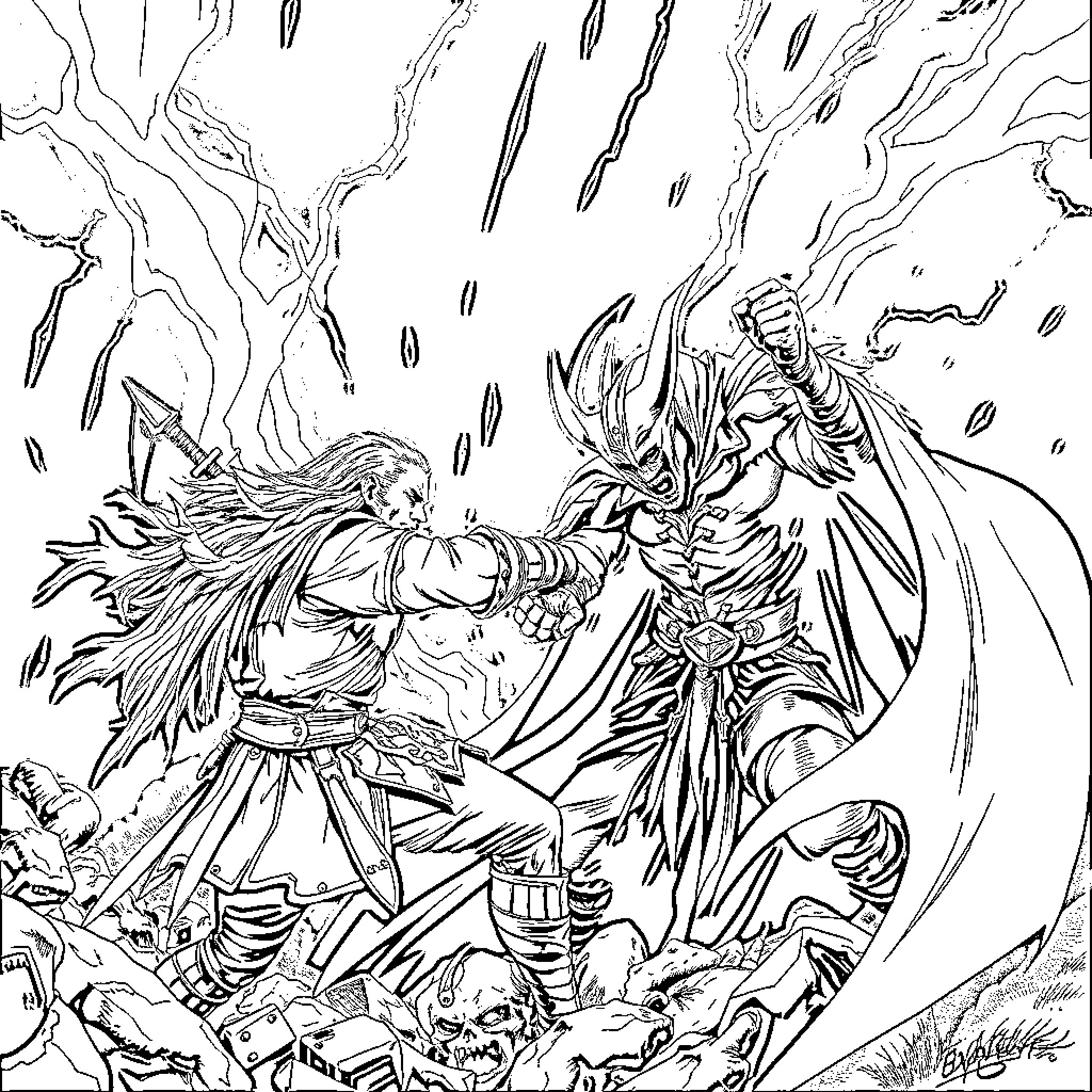 Geralt's Heroic Battle Against Mythical Creature Coloring Page (free black-and-white line drawing printable PDF for all, from beginners to advanced learners, including children, teens, adults, and seniors)