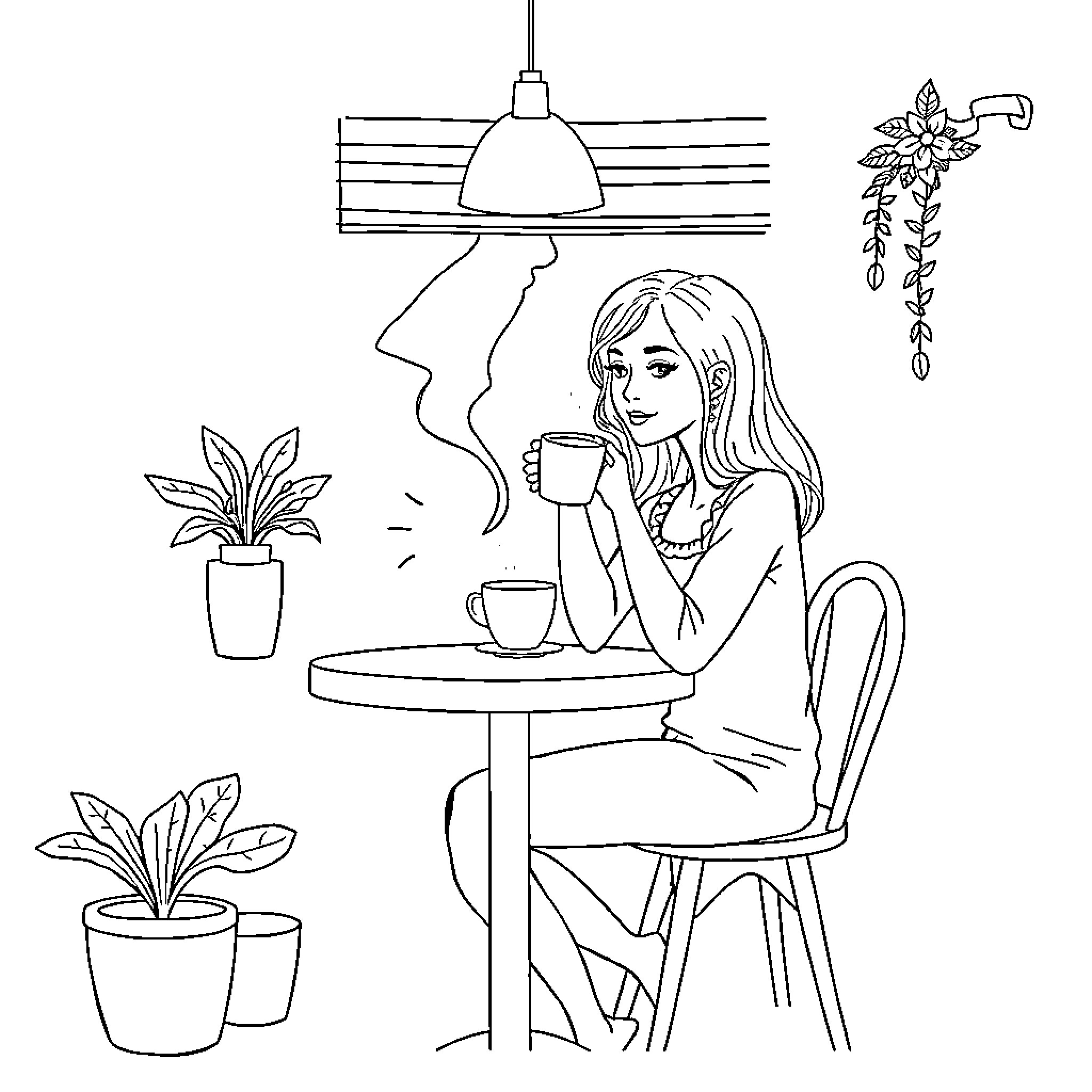 Woman enjoying coffee in a cozy cafe setting Coloring Page (free black-and-white line drawing printable PDF for all, from beginners to advanced learners, including children, teens, adults, and seniors)