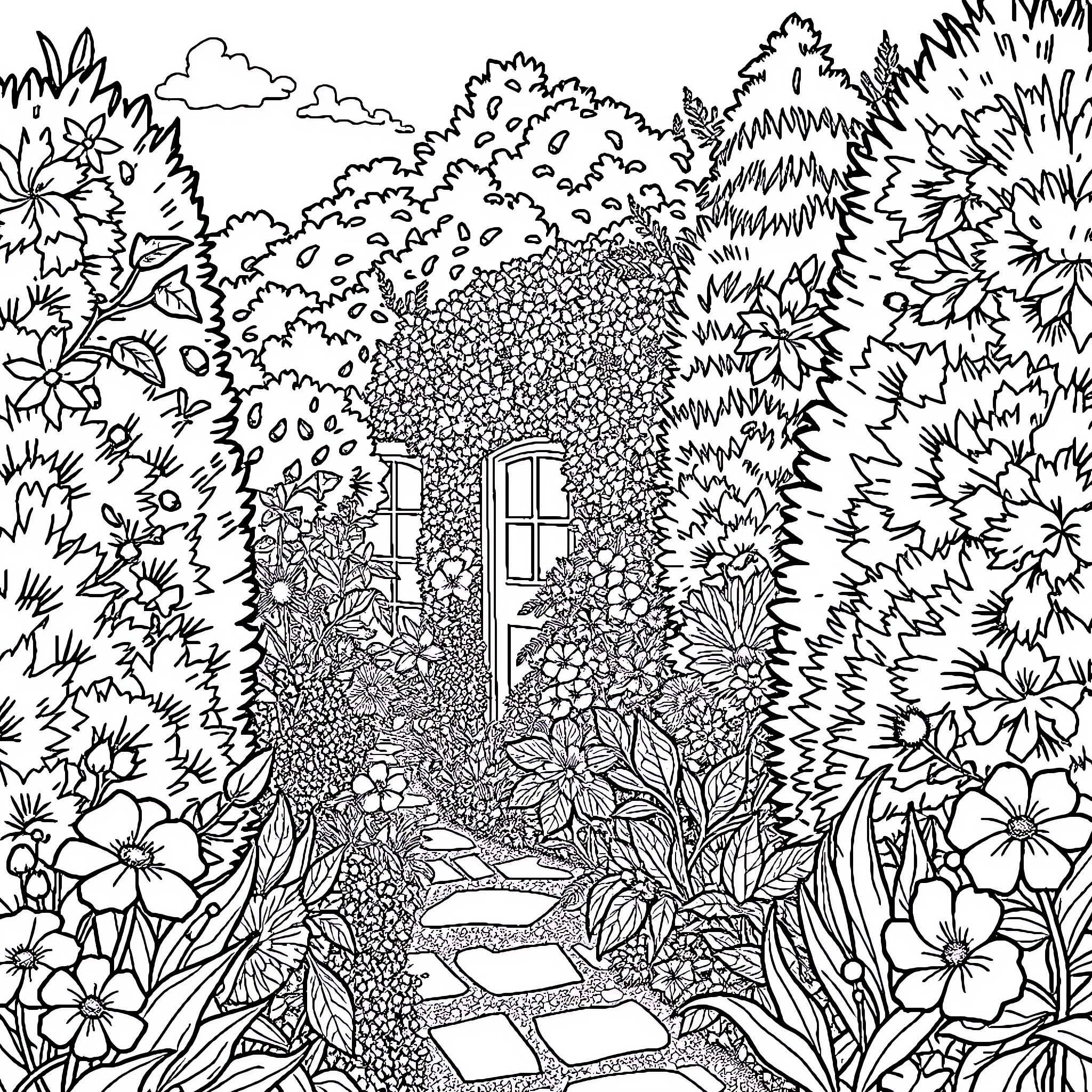 Garden of Enchantment: A Whimsical Floral Pathway Coloring Page (free black-and-white line drawing printable PDF for all, from beginners to advanced learners, including children, teens, adults, and seniors)