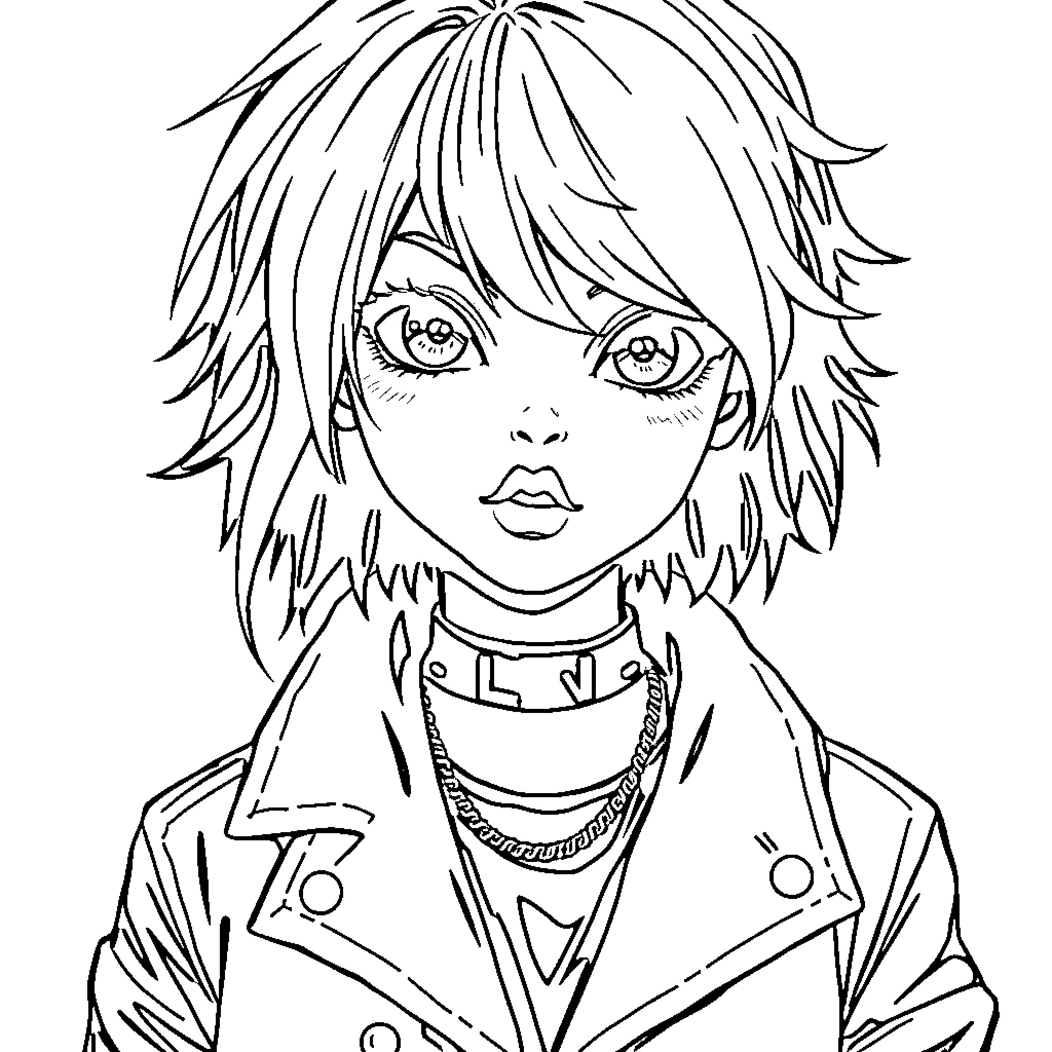 Emo Girl with Unique Hairstyle and Accessories Coloring Page (free black-and-white line drawing printable PDF for all, from beginners to advanced learners, including children, teens, adults, and seniors)
