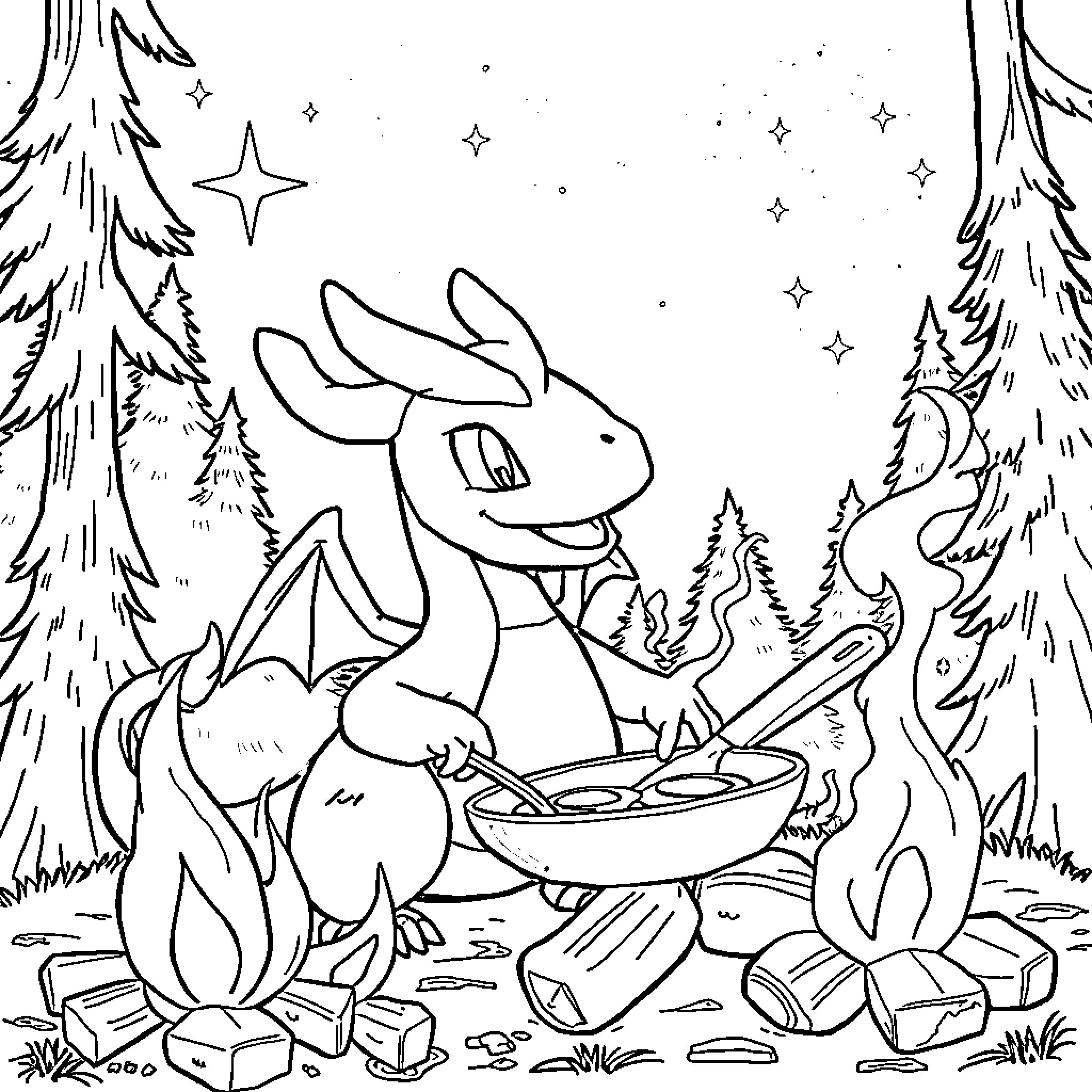Dragonite cooking in the enchanted forest Coloring Page (free black-and-white line drawing printable PDF for all, from beginners to advanced learners, including children, teens, adults, and seniors)