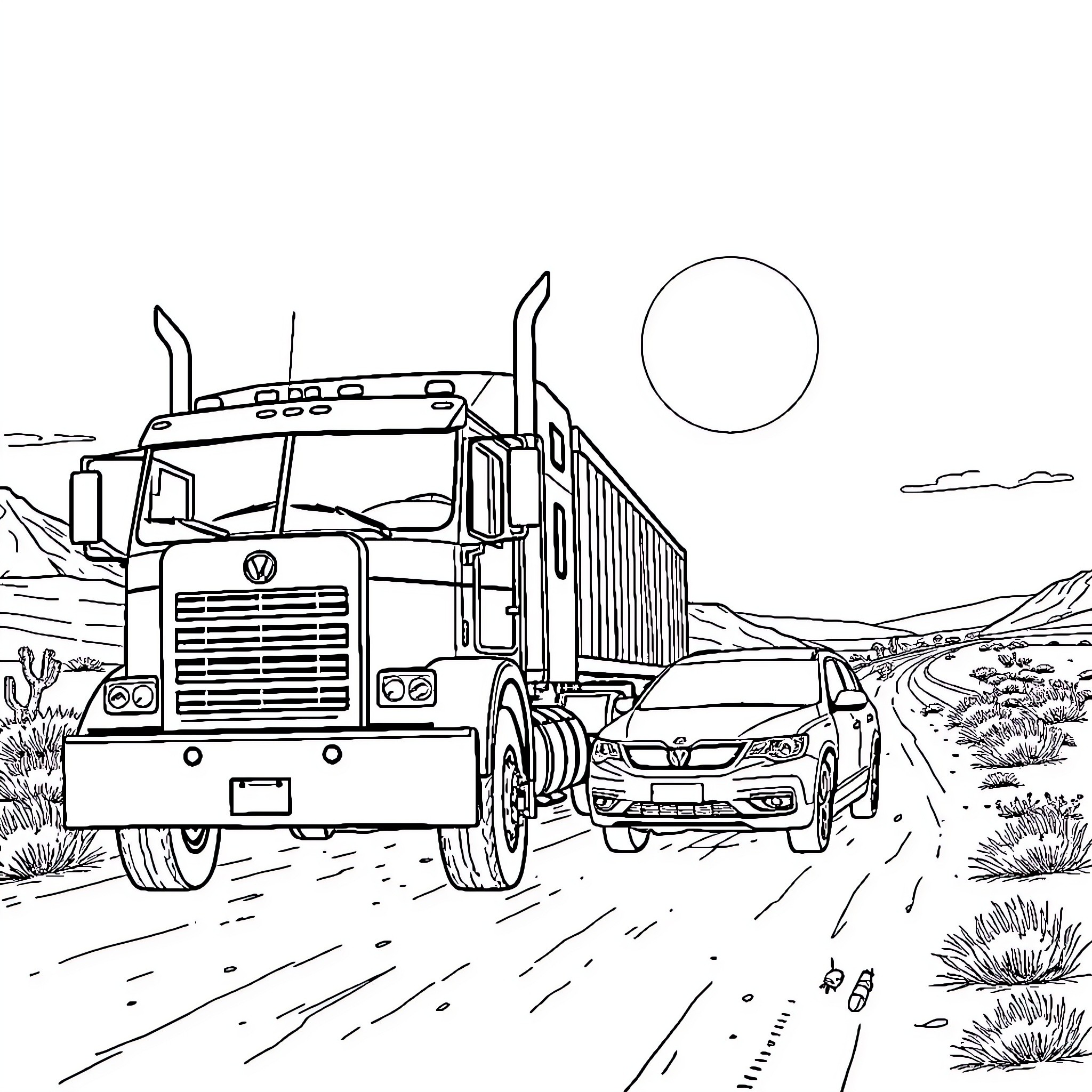 Truck transporting cargo through desert landscape Coloring Page (free black-and-white line drawing printable PDF for all, from beginners to advanced learners, including children, teens, adults, and seniors)
