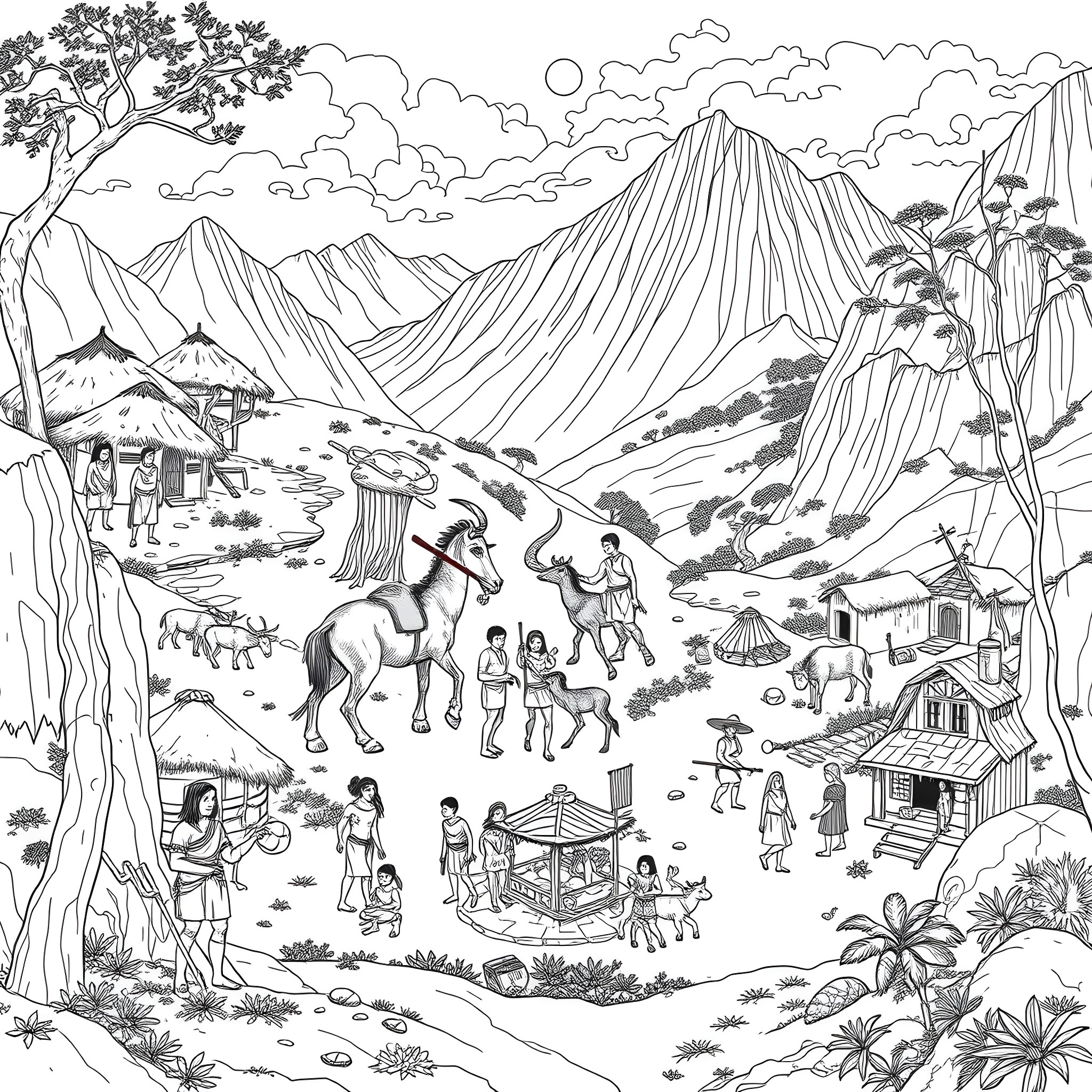 Life in a Vibrant Mountain Village Coloring Page (free black-and-white line drawing printable PDF for all, from beginners to advanced learners, including children, teens, adults, and seniors)