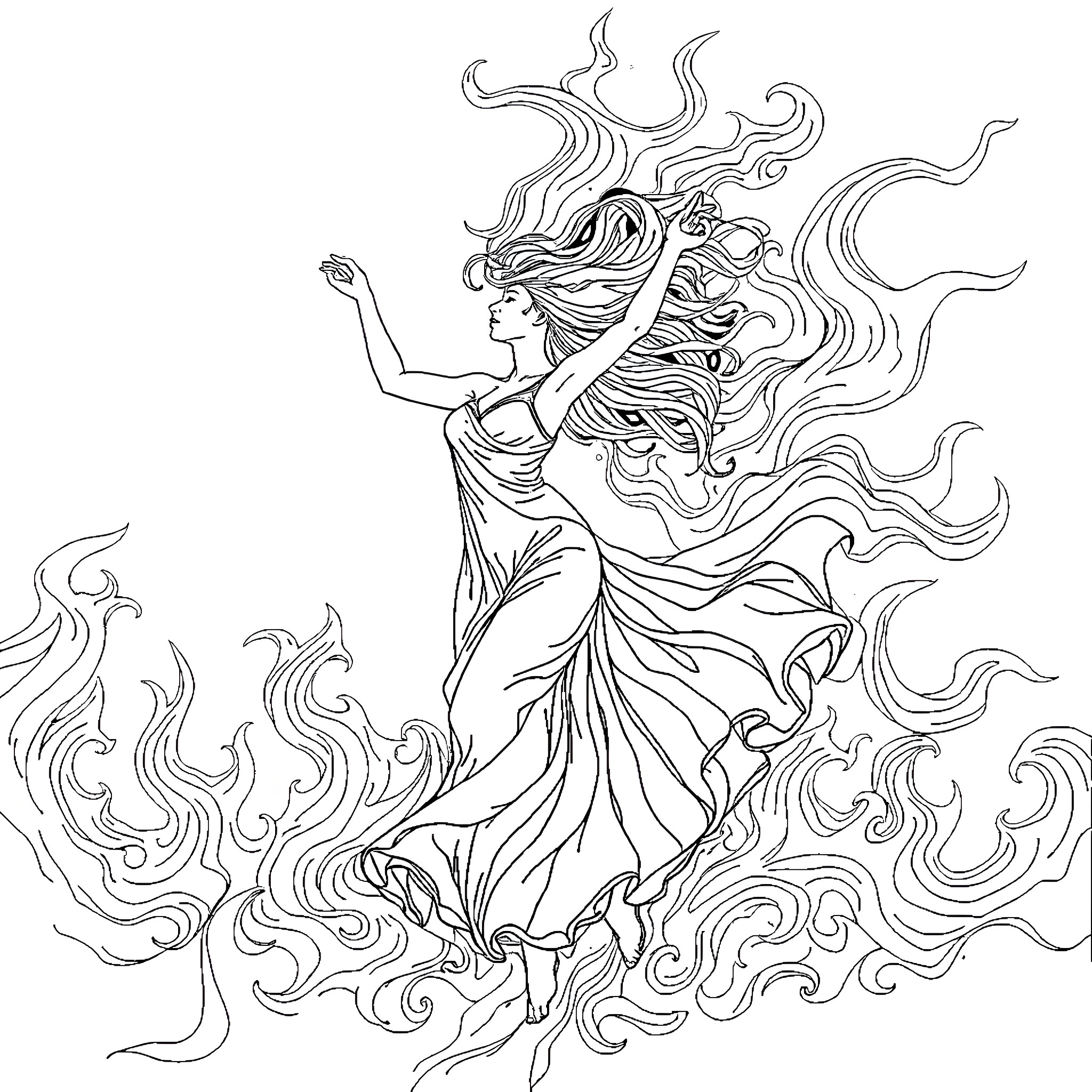 Woman dancing with flowing dress and swirling hair Coloring Page (free black-and-white line drawing printable PDF for all, from beginners to advanced learners, including children, teens, adults, and seniors)