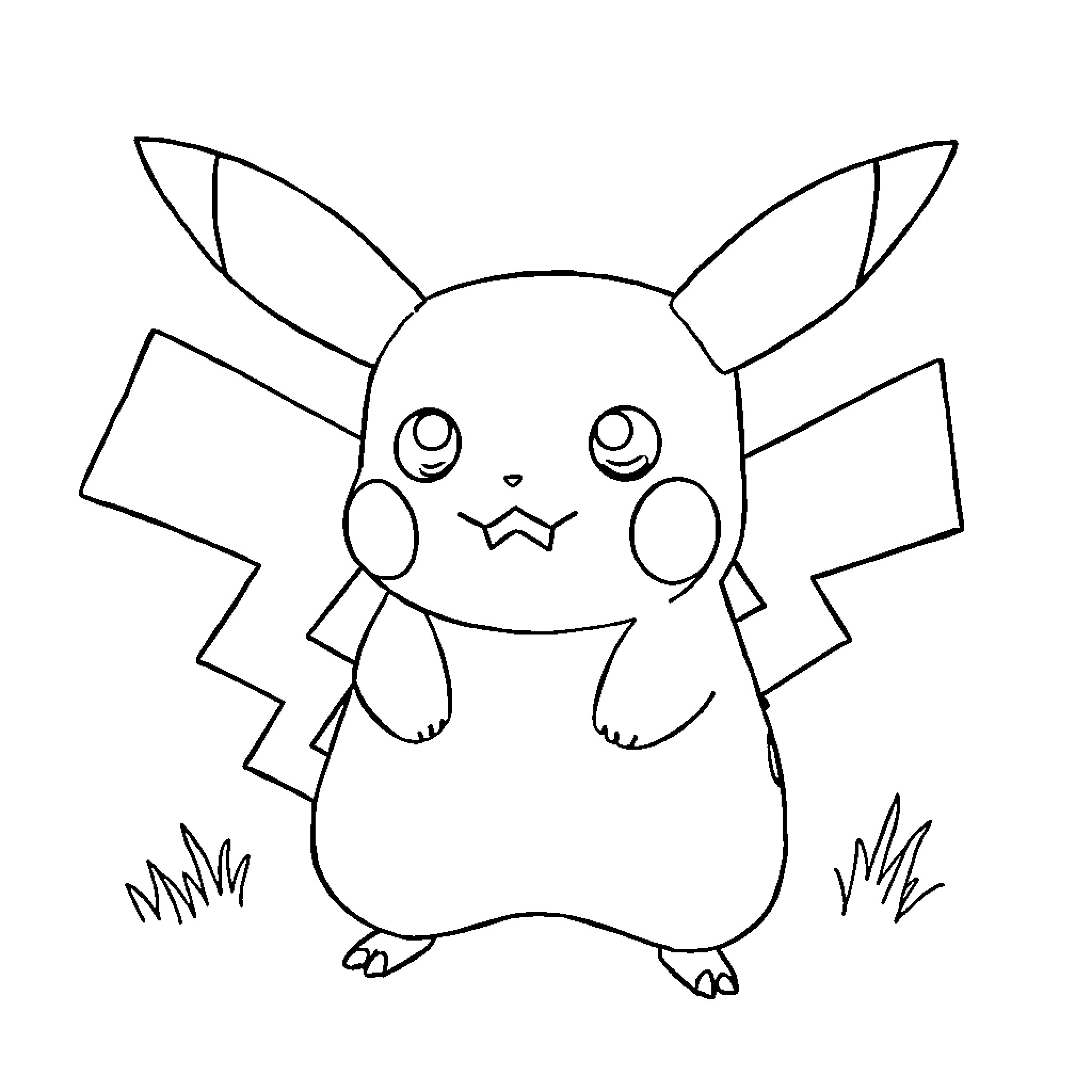 Pikachu in a playful pose Coloring Page (free black-and-white line drawing printable PDF for all, from beginners to advanced learners, including children, teens, adults, and seniors)