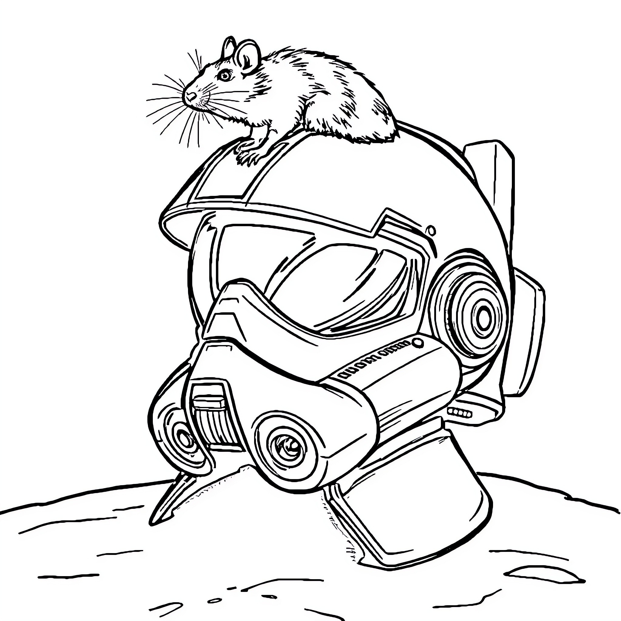 Helmet with mouse driver in futuristic vehicle Coloring Page (free black-and-white line drawing printable PDF for all, from beginners to advanced learners, including children, teens, adults, and seniors)