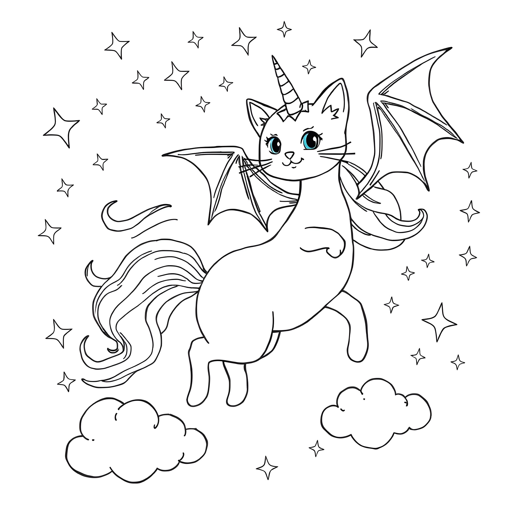 Cat unicorn with wings flying among stars Coloring Page (free black-and-white line drawing printable PDF for all, from beginners to advanced learners, including children, teens, adults, and seniors)