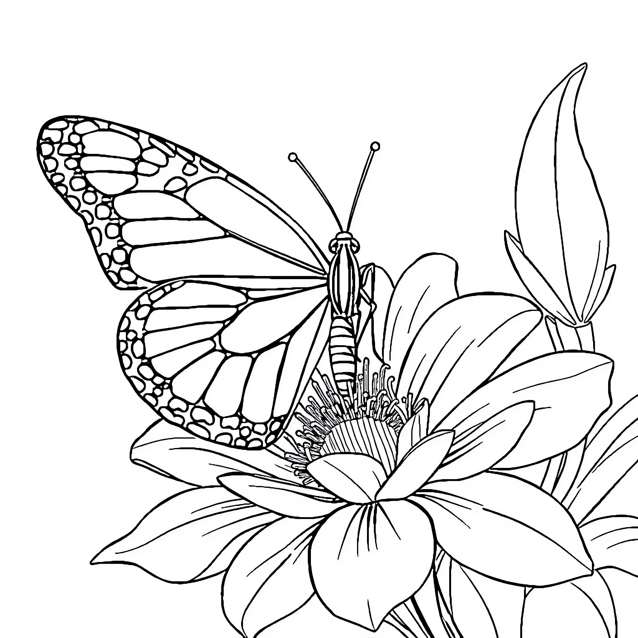 Butterfly resting on a vibrant flower Coloring Page (free black-and-white line drawing printable PDF for all, from beginners to advanced learners, including children, teens, adults, and seniors)