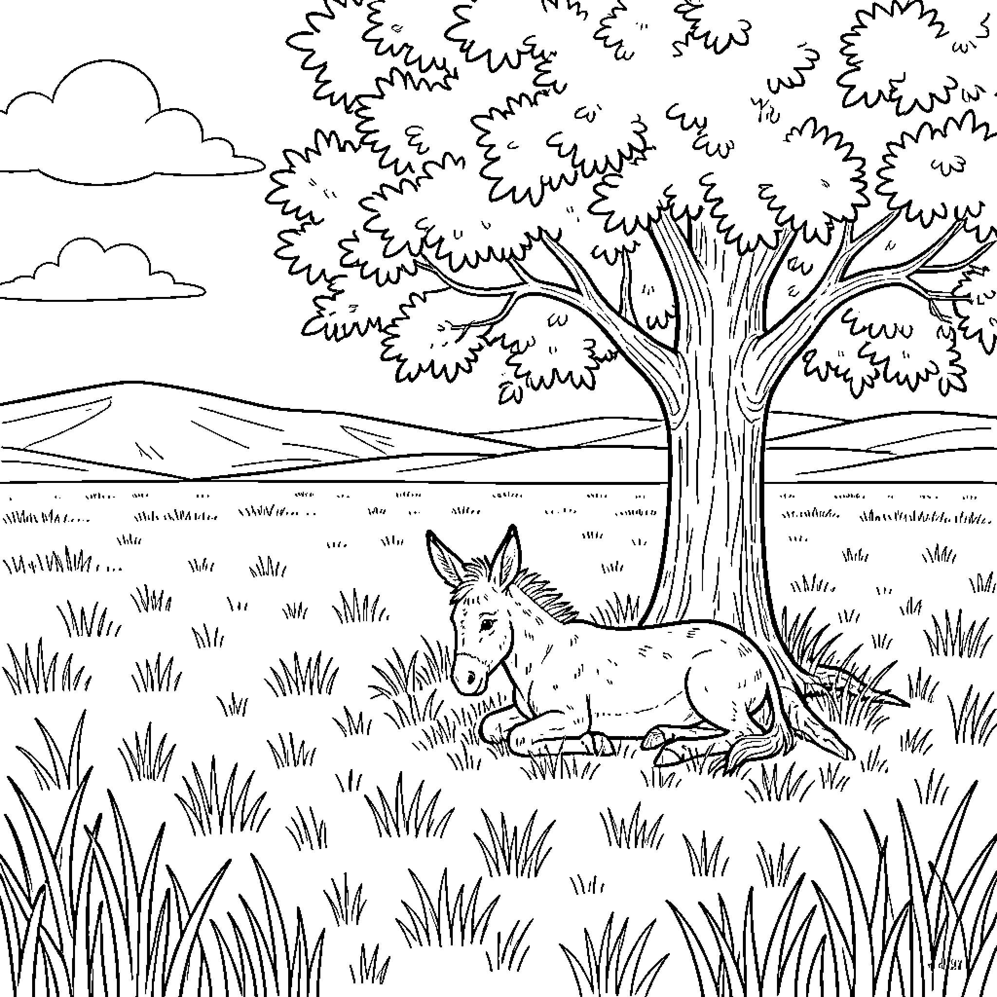 Bourriquet resting peacefully under a large tree Coloring Page (free black-and-white line drawing printable PDF for all, from beginners to advanced learners, including children, teens, adults, and seniors)