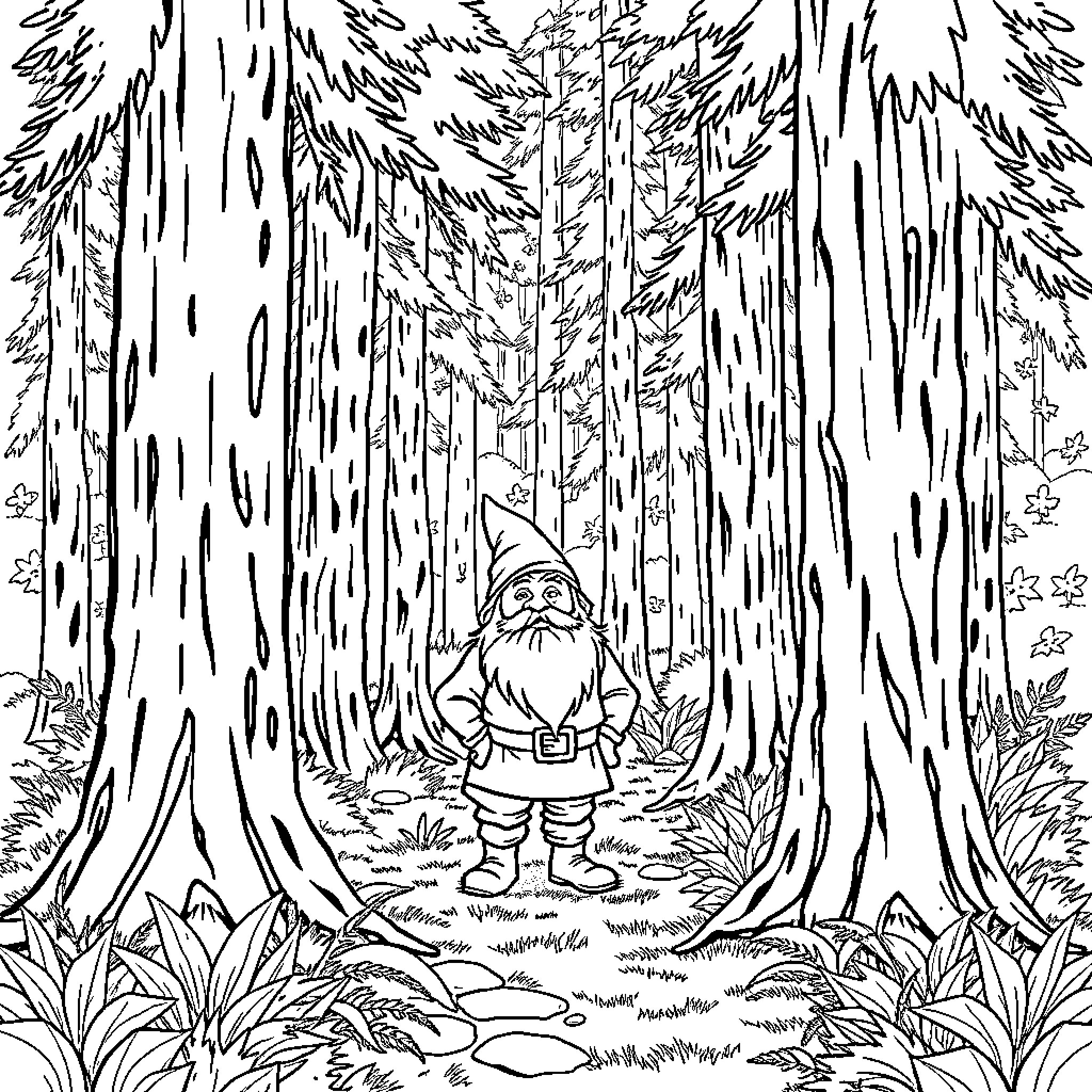 Dwarf wandering peacefully through enchanted forest Coloring Page (free black-and-white line drawing printable PDF for all, from beginners to advanced learners, including children, teens, adults, and seniors)