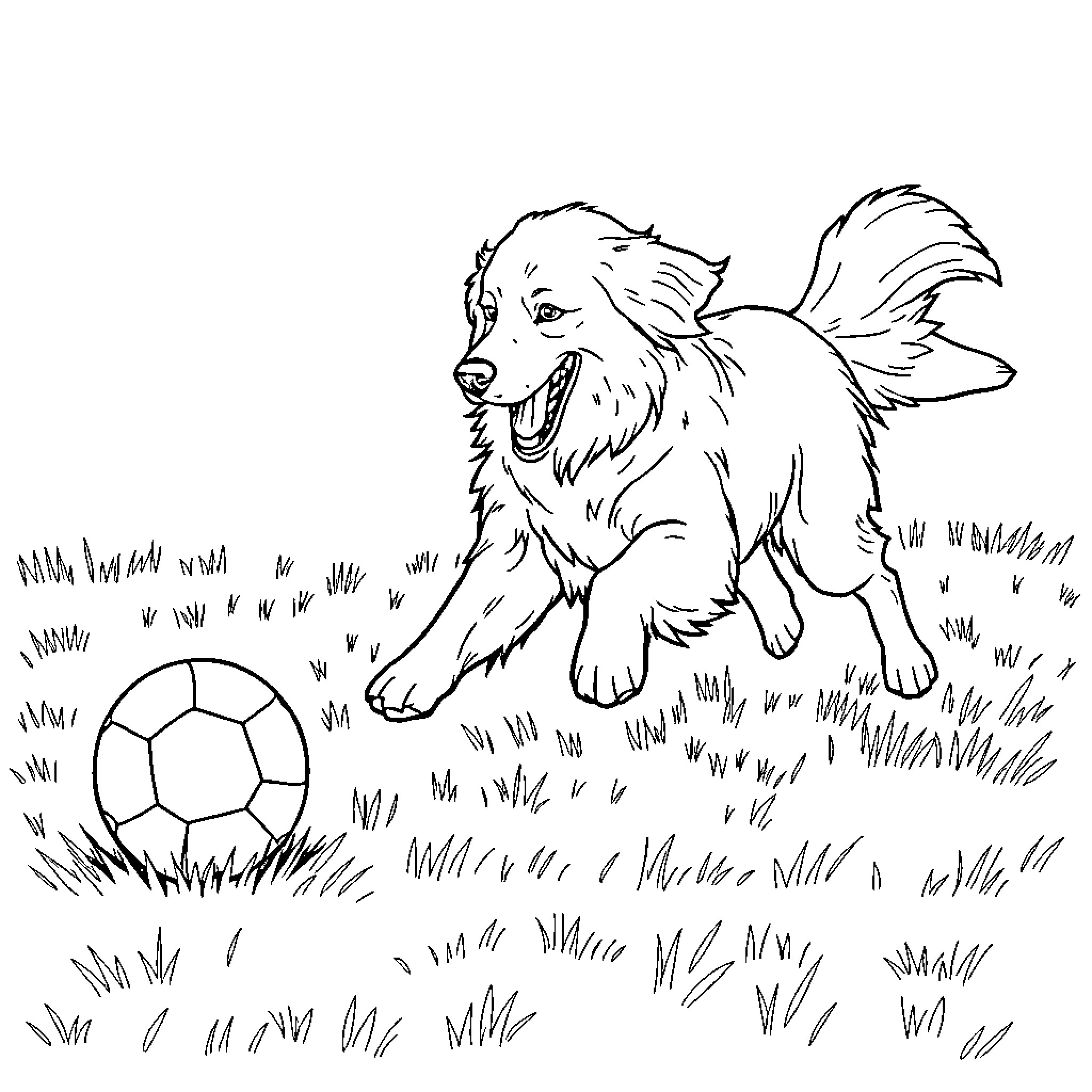Golden Retriever playing with soccer ball in the park Coloring Page (free black-and-white line drawing printable PDF for all, from beginners to advanced learners, including children, teens, adults, and seniors)