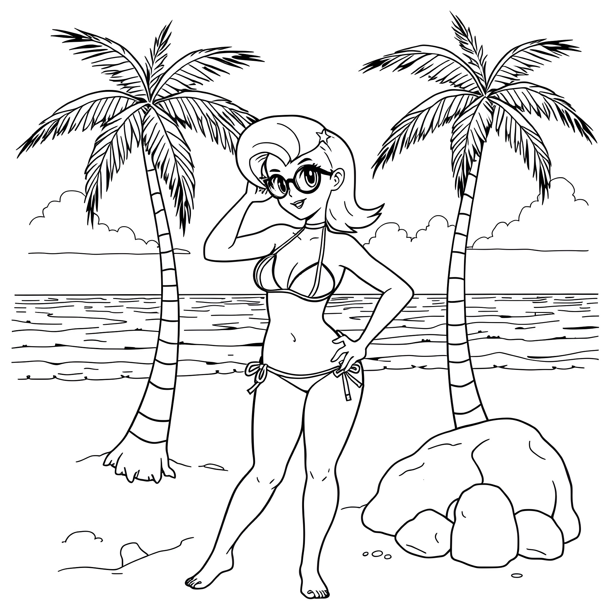 Bulma enjoying a tropical beach vacation Coloring Page (free black-and-white line drawing printable PDF for all, from beginners to advanced learners, including children, teens, adults, and seniors)