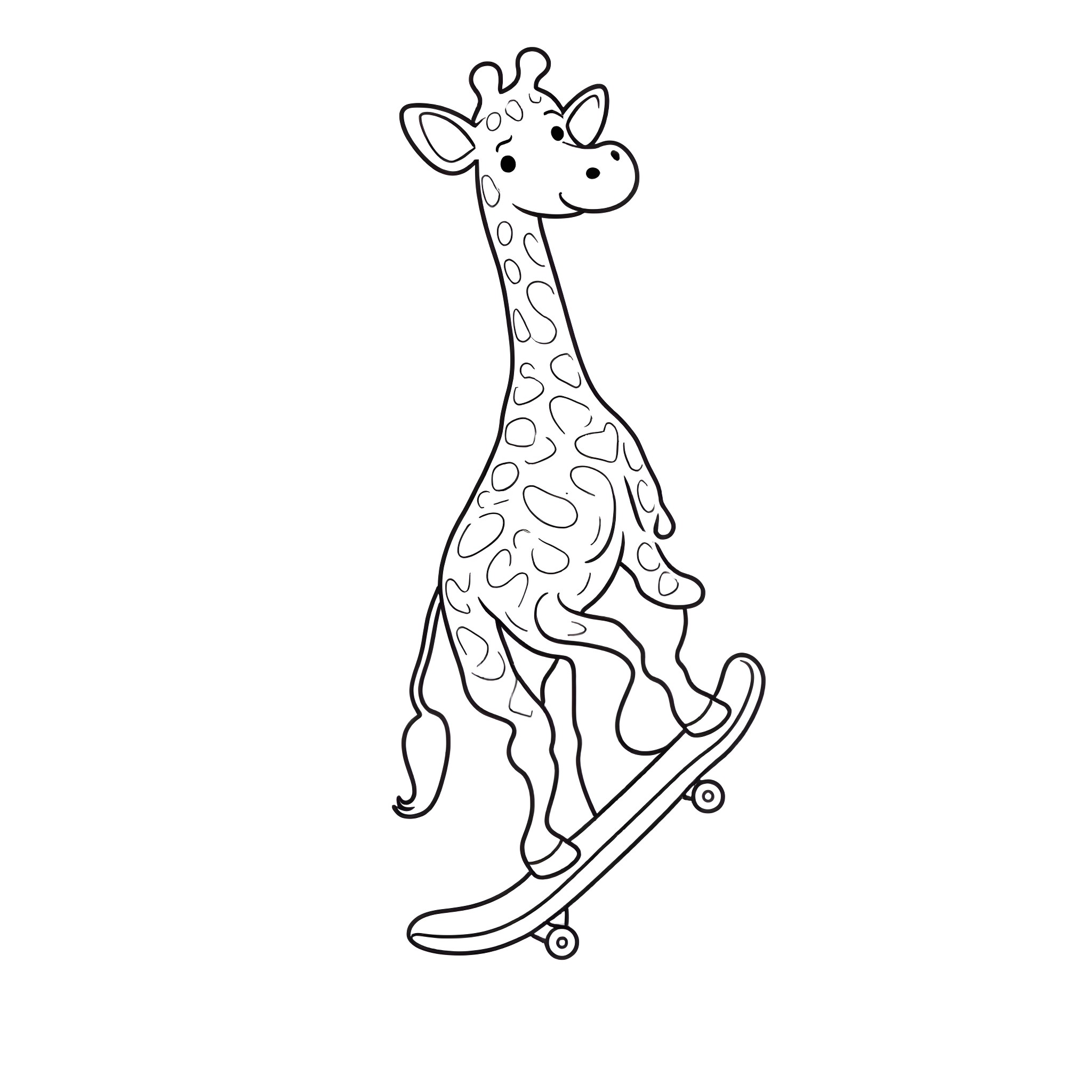 Giraffe riding a skateboard Coloring Page (free black-and-white line drawing printable PDF for all, from beginners to advanced learners, including children, teens, adults, and seniors)