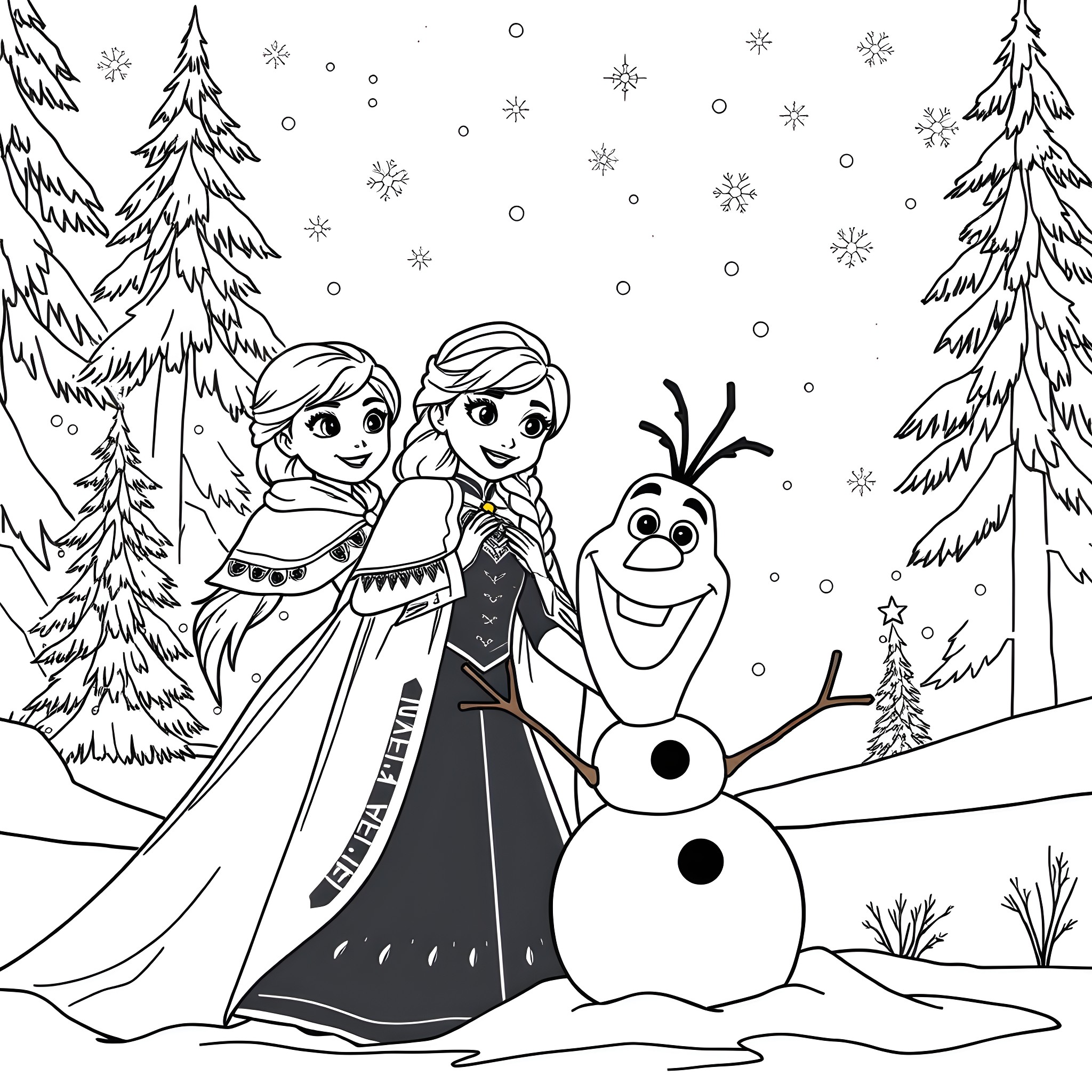 Elsa and Anna in a Snowy Winter Wonderland Coloring Page (free black-and-white line drawing printable PDF for all, from beginners to advanced learners, including children, teens, adults, and seniors)