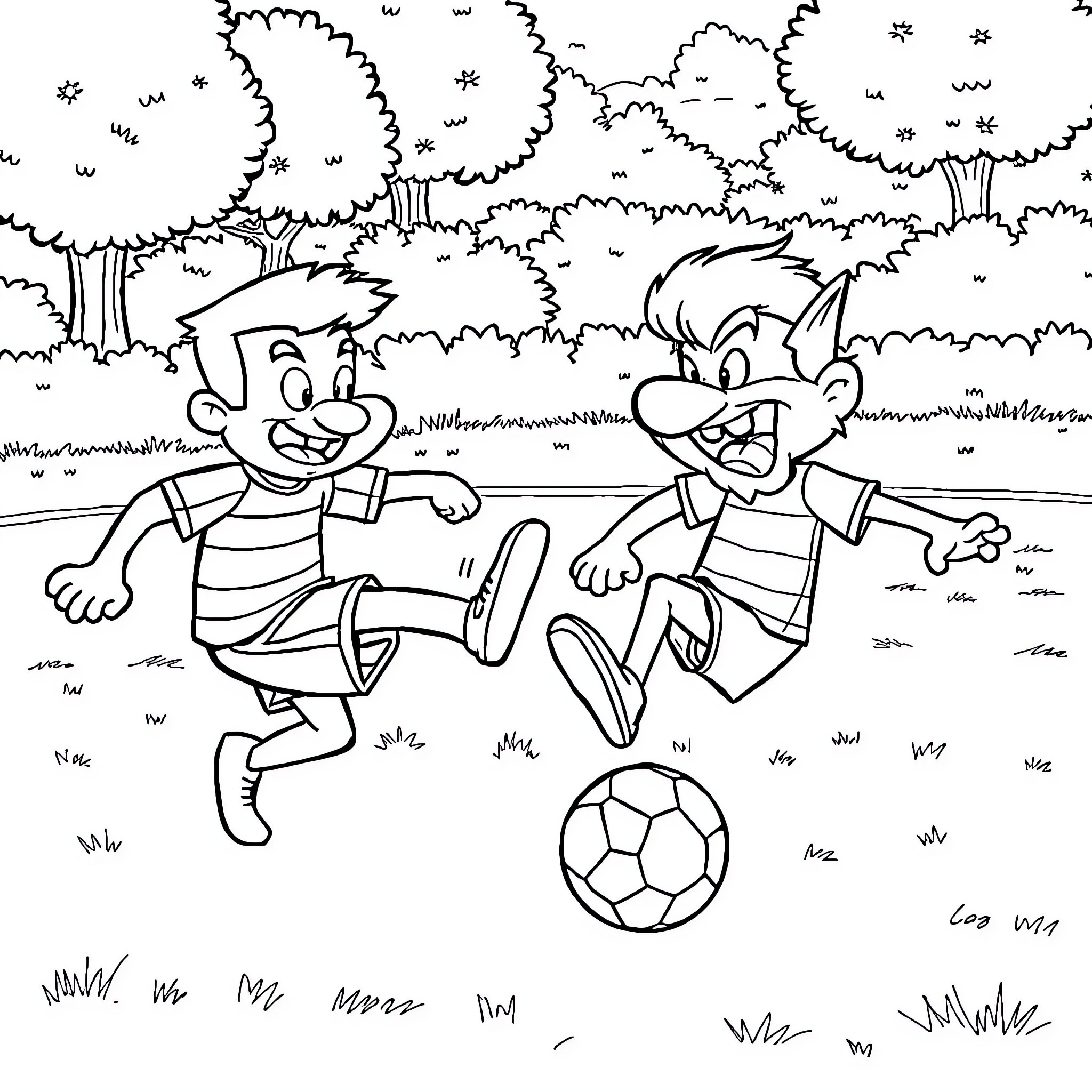 Ren and Stimpy playing with a soccer ball in the park Coloring Page (free black-and-white line drawing printable PDF for all, from beginners to advanced learners, including children, teens, adults, and seniors)