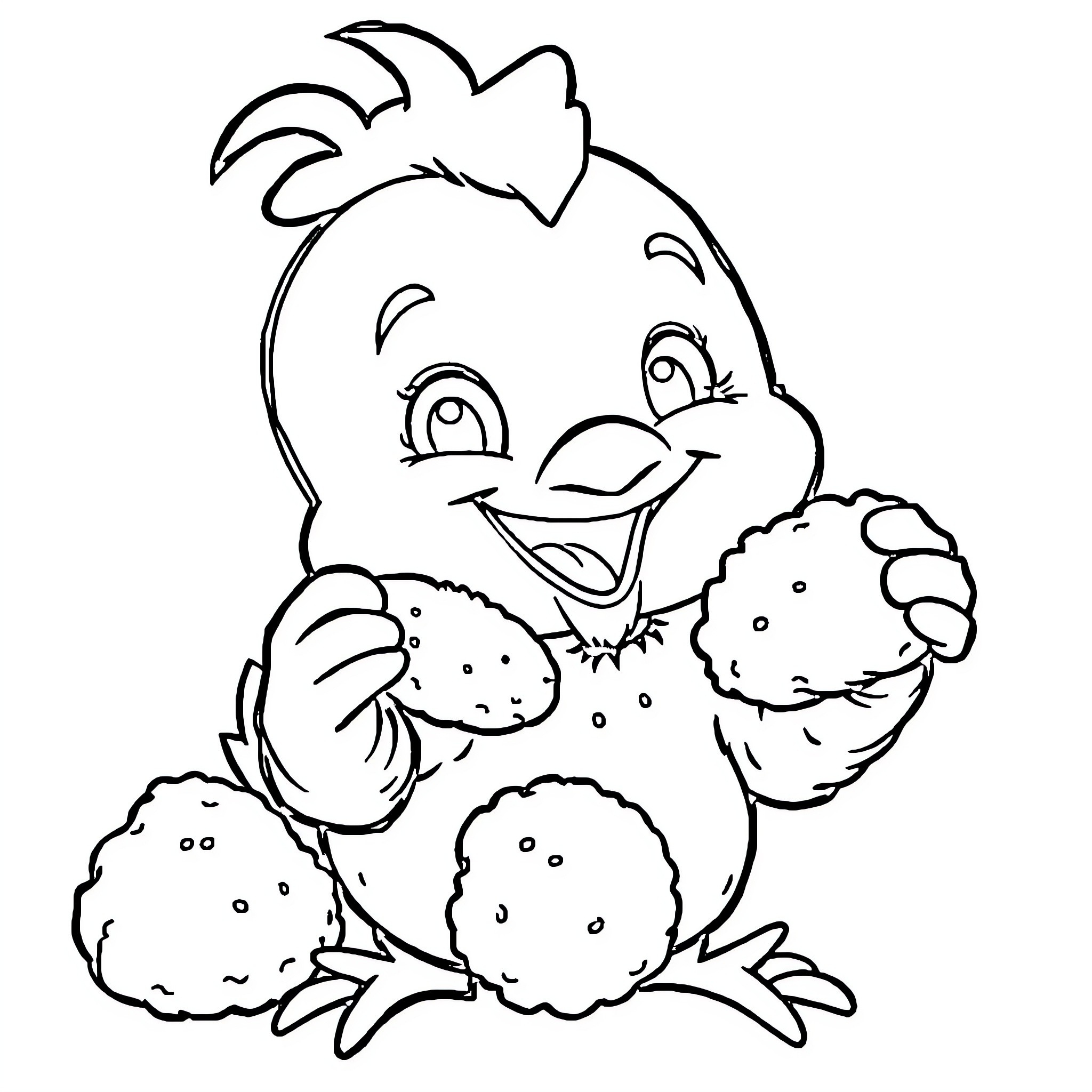 Chicken enjoying its snack happily Coloring Page (free black-and-white line drawing printable PDF for all, from beginners to advanced learners, including children, teens, adults, and seniors)