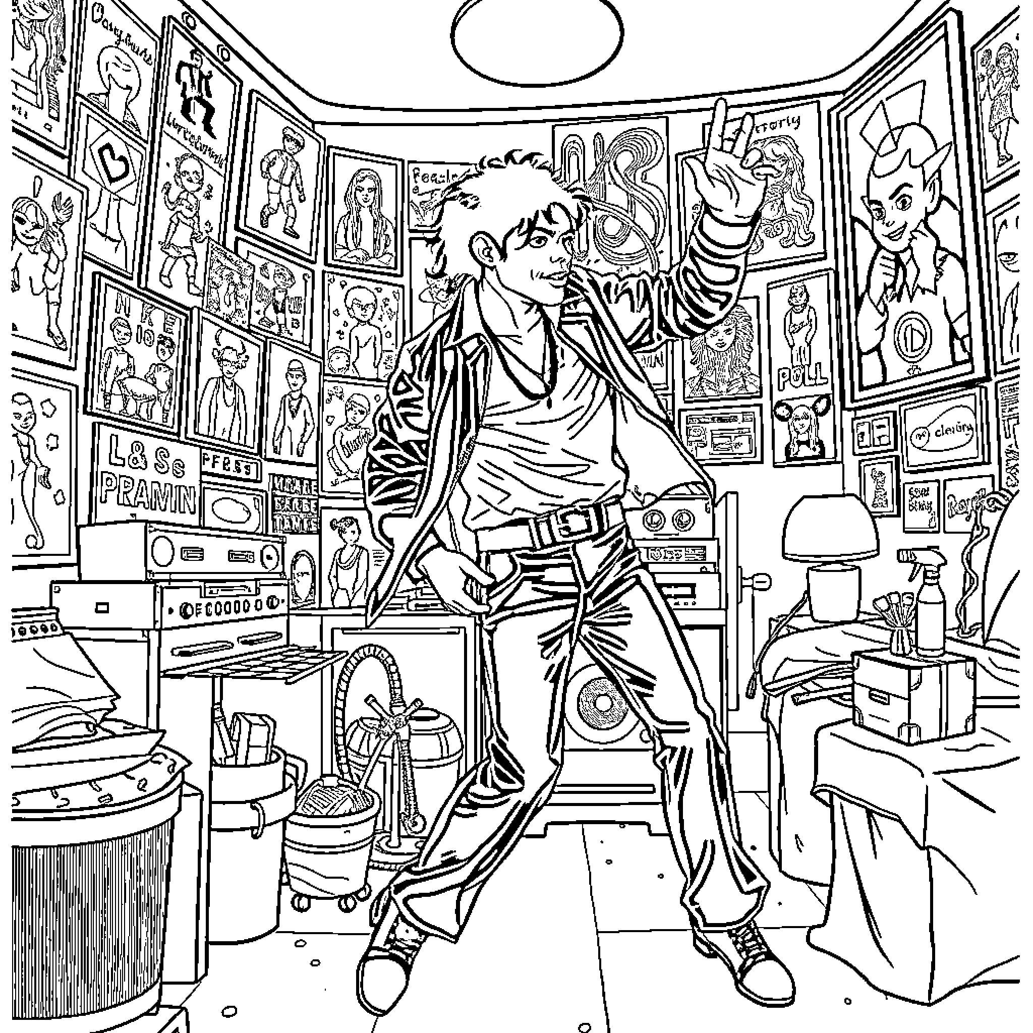 Michael Jackson's Eclectic Music Studio Coloring Page (free black-and-white line drawing printable PDF for all, from beginners to advanced learners, including children, teens, adults, and seniors)