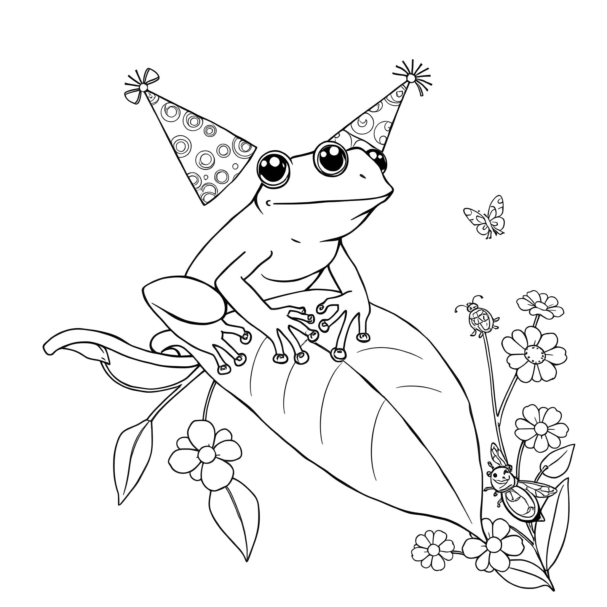 Tree Frog celebrating with party hats and flowers Coloring Page (free black-and-white line drawing printable PDF for all, from beginners to advanced learners, including children, teens, adults, and seniors)