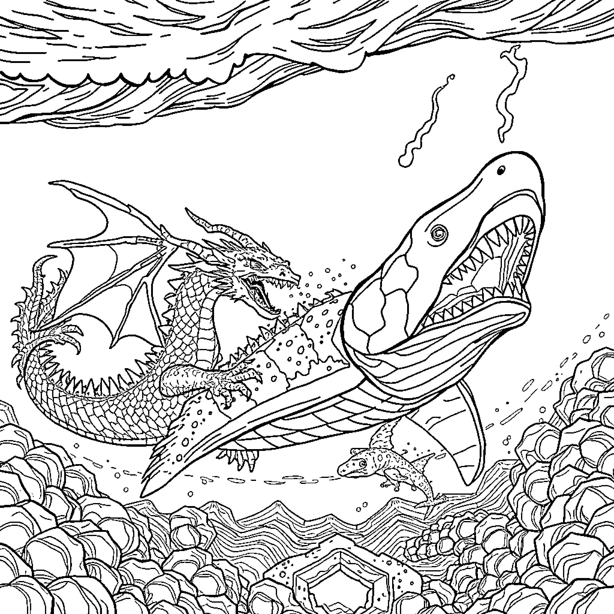 Dragon battles fierce sea creature in stormy waters Coloring Page (free black-and-white line drawing printable PDF for all, from beginners to advanced learners, including children, teens, adults, and seniors)