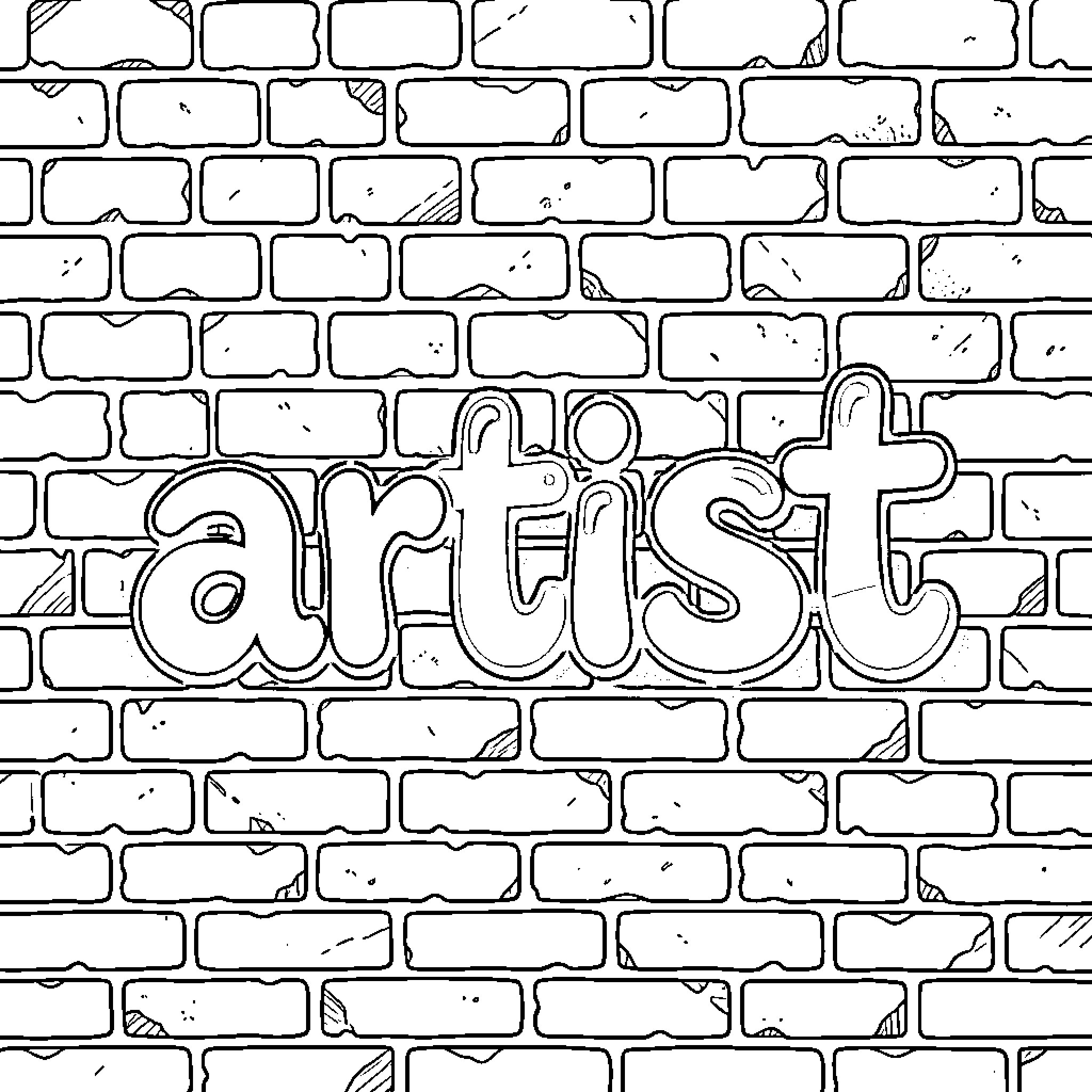 Artist creating monochrome graffiti-style word on brick wall Coloring Page (free black-and-white line drawing printable PDF for all, from beginners to advanced learners, including children, teens, adults, and seniors)