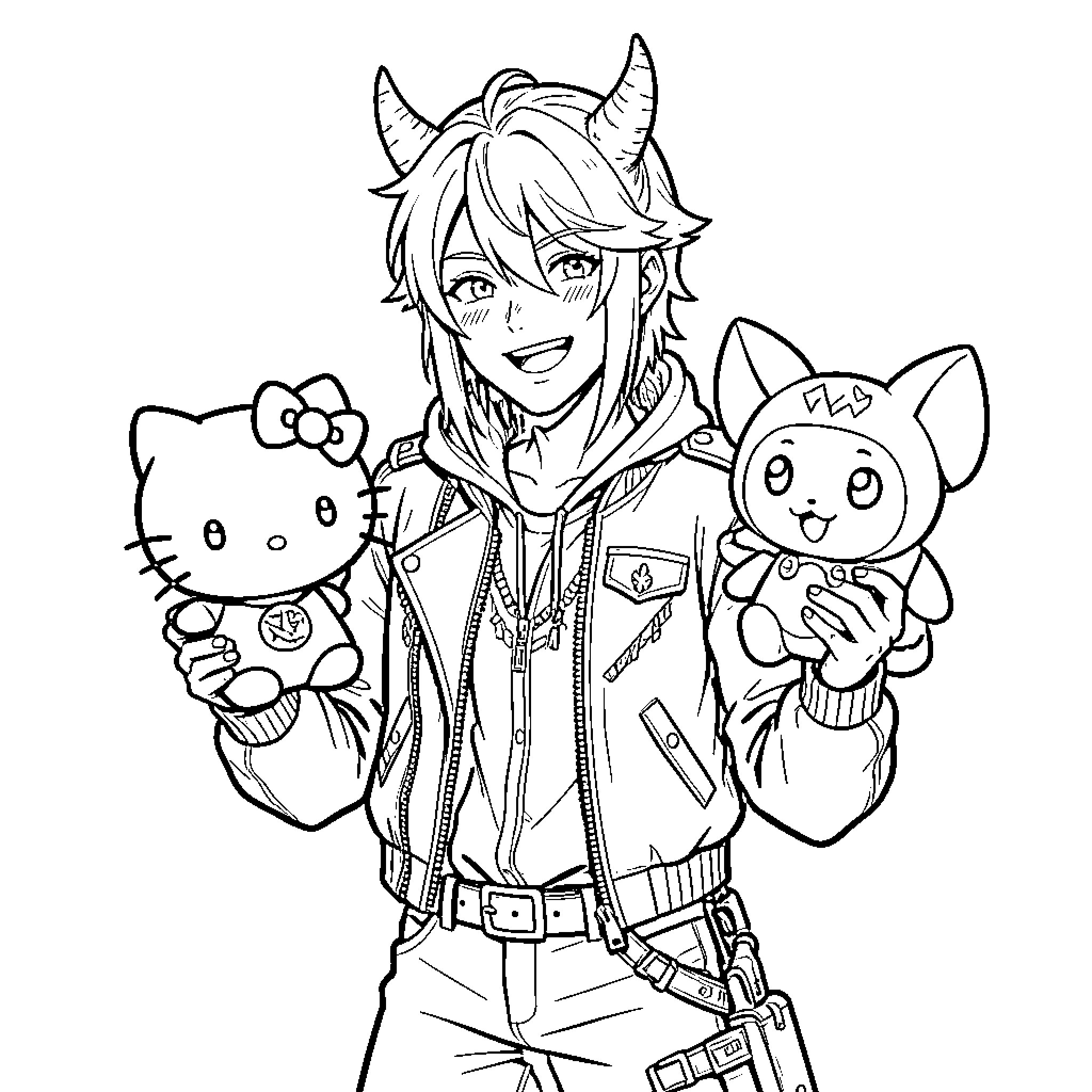 Demon Hunter Wielding Adorable Companions Coloring Page (free black-and-white line drawing printable PDF for all, from beginners to advanced learners, including children, teens, adults, and seniors)