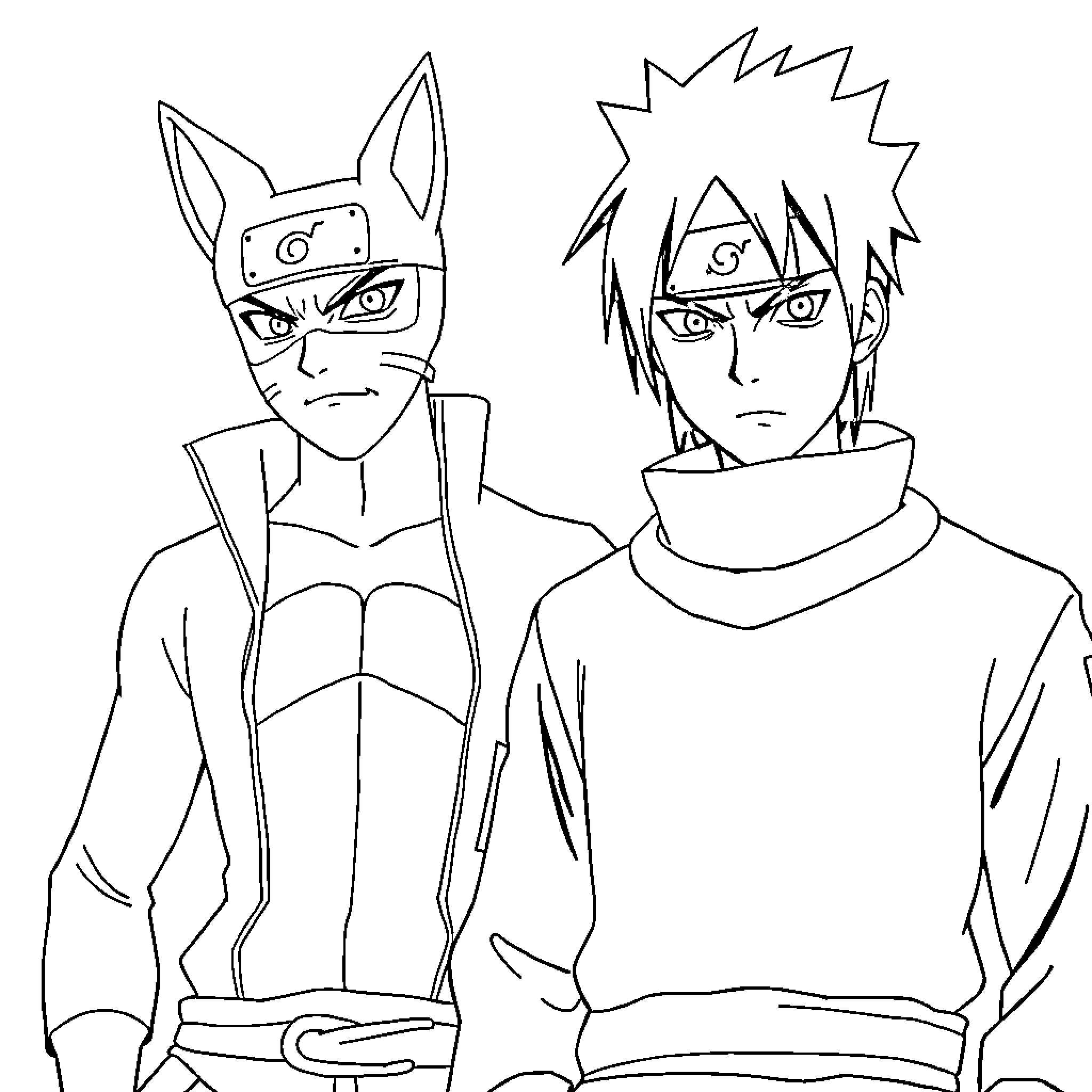 Sasuke and Friend in Intense Poses Coloring Page (free black-and-white line drawing printable PDF for all, from beginners to advanced learners, including children, teens, adults, and seniors)