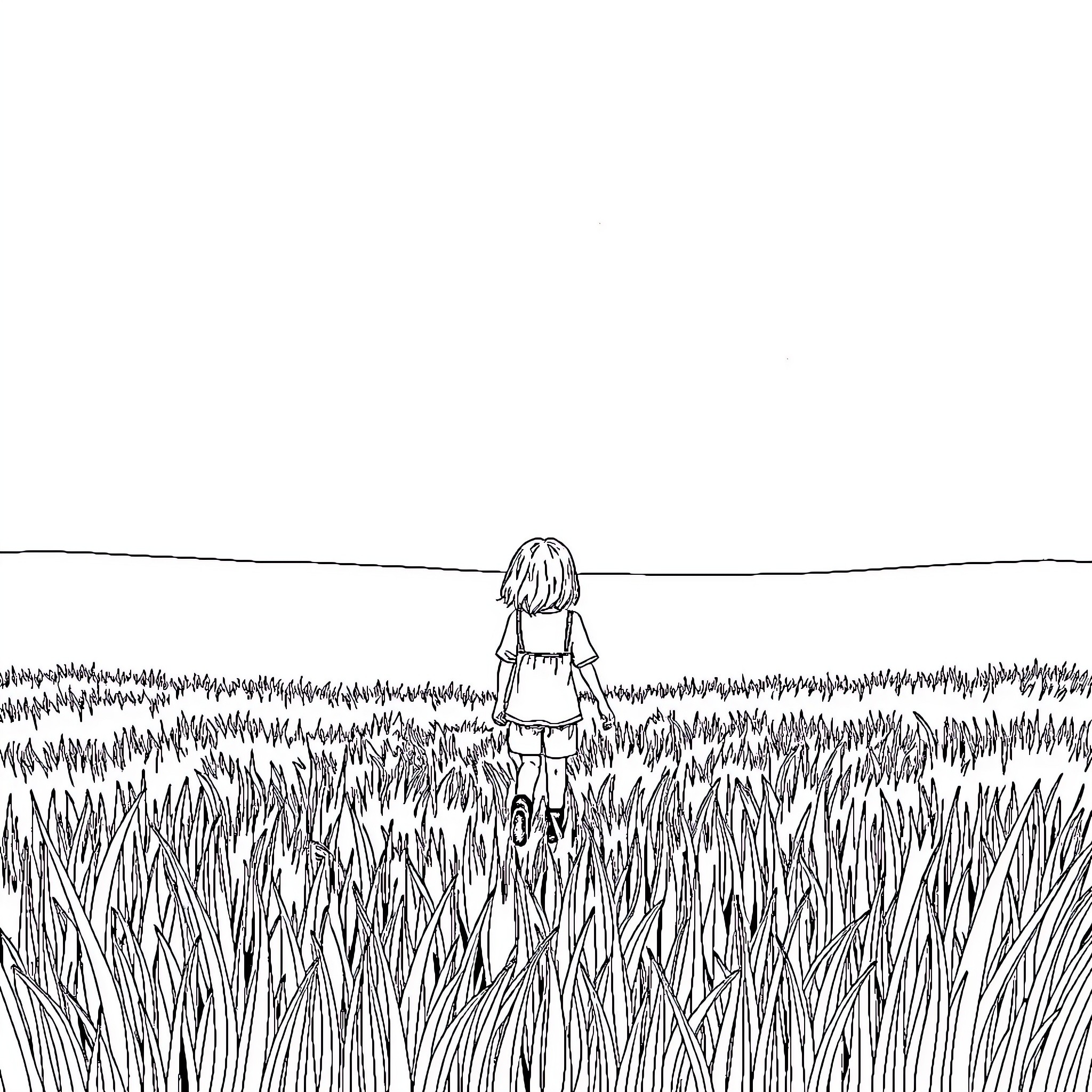 Girl standing in a field of tall grass Coloring Page (free black-and-white line drawing printable PDF for all, from beginners to advanced learners, including children, teens, adults, and seniors)