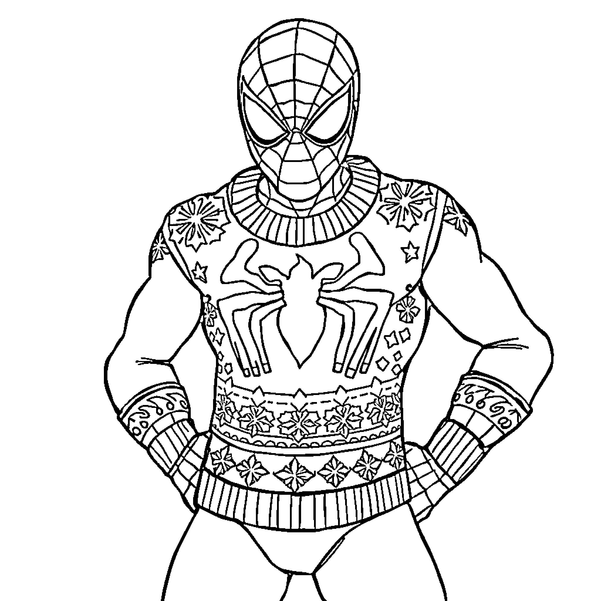 Spider-Man in Knitted Outfit Striking a Pose Coloring Page (free black-and-white line drawing printable PDF for all, from beginners to advanced learners, including children, teens, adults, and seniors)