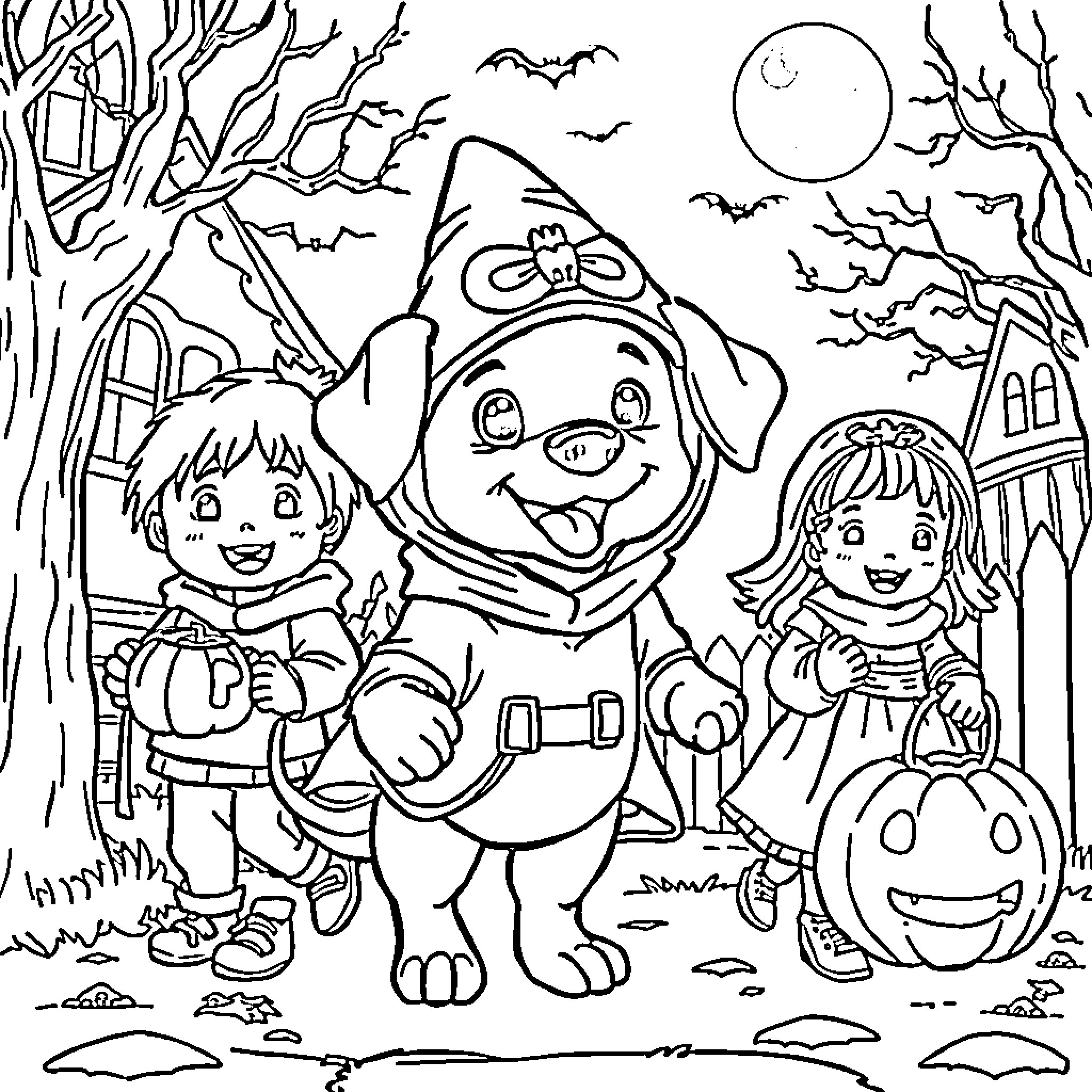 Puppy trick-or-treating with children on Halloween night Coloring Page (free black-and-white line drawing printable PDF for all, from beginners to advanced learners, including children, teens, adults, and seniors)