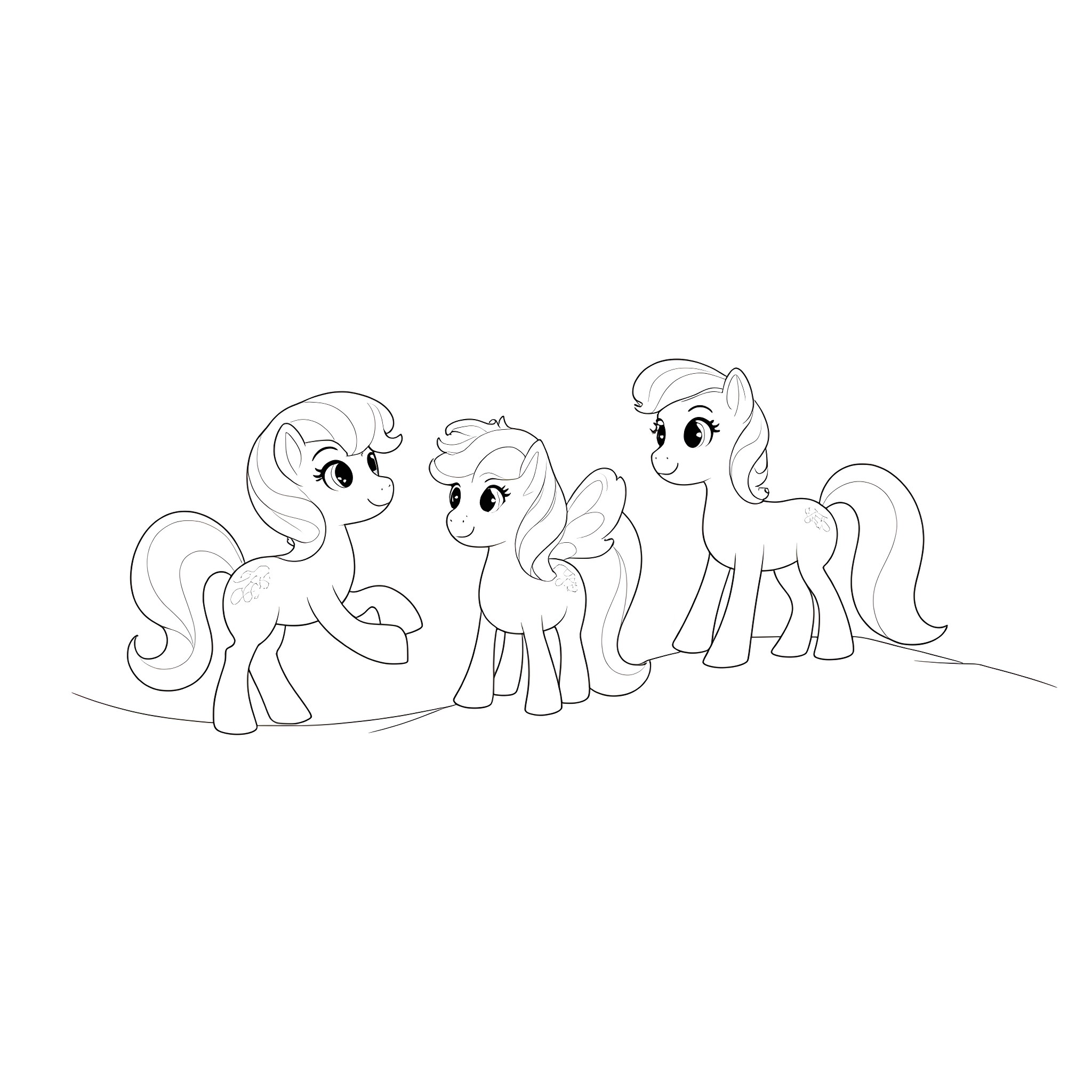Pony friends gathered in meadow Coloring Page (free black-and-white line drawing printable PDF for all, from beginners to advanced learners, including children, teens, adults, and seniors)