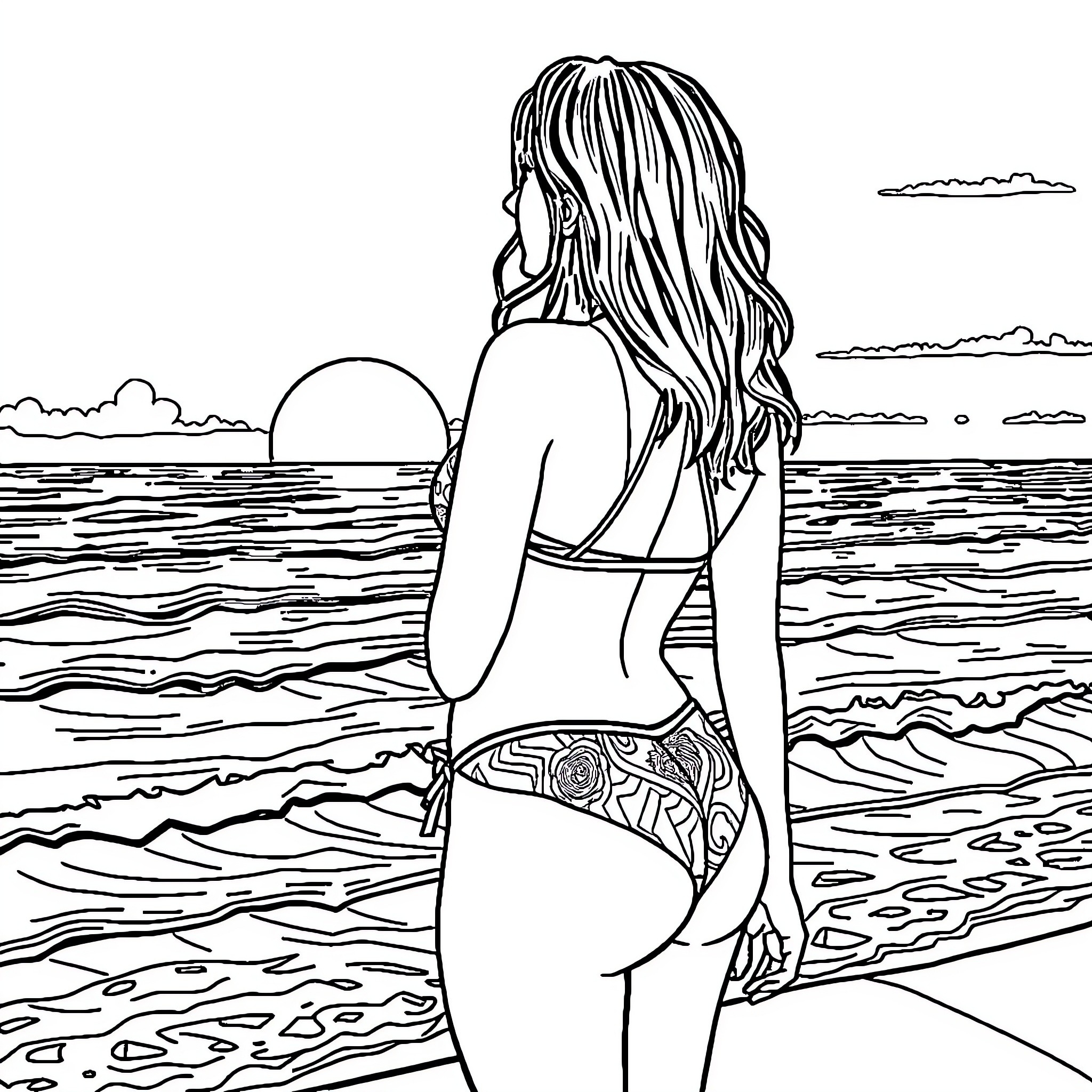 Woman gazing at sunset by the ocean Coloring Page (free black-and-white line drawing printable PDF for all, from beginners to advanced learners, including children, teens, adults, and seniors)