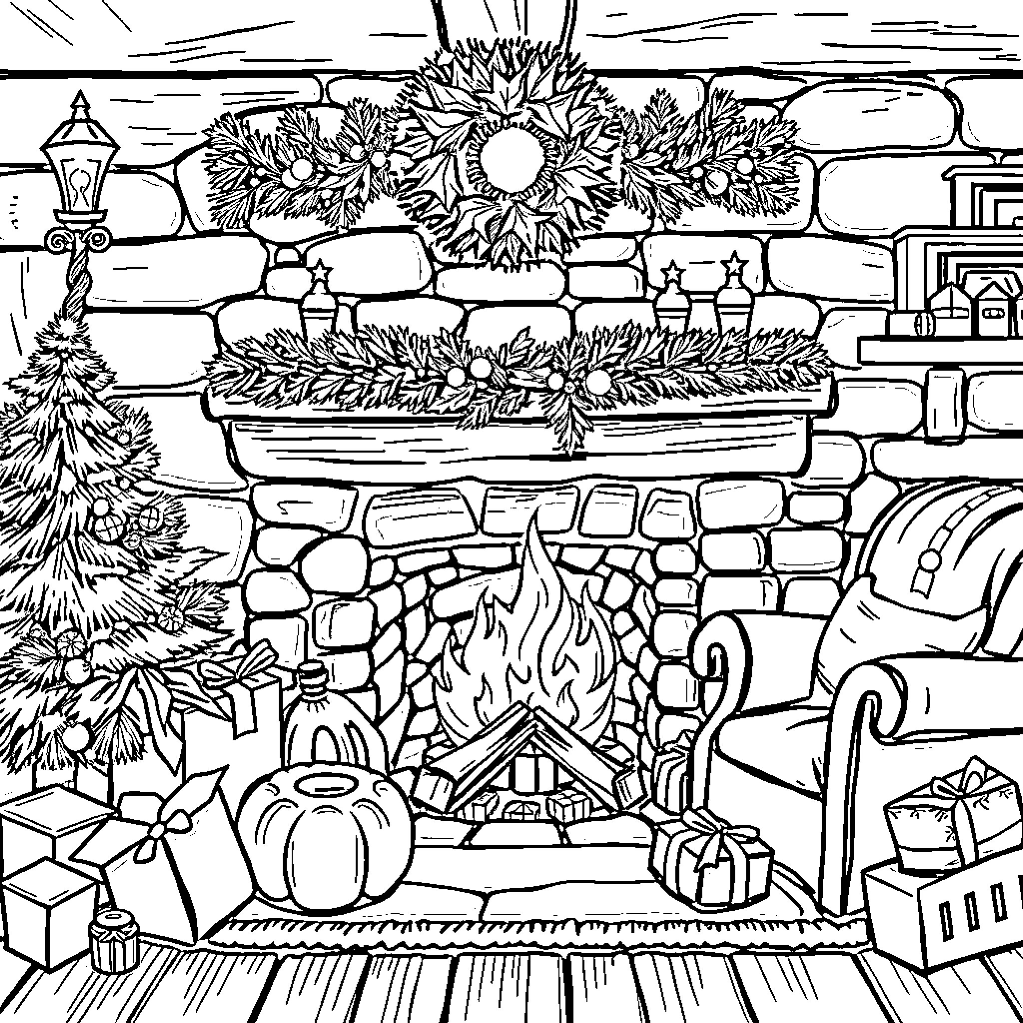 Christmas Fireplace with Decorations and Gifts Coloring Page (free black-and-white line drawing printable PDF for all, from beginners to advanced learners, including children, teens, adults, and seniors)