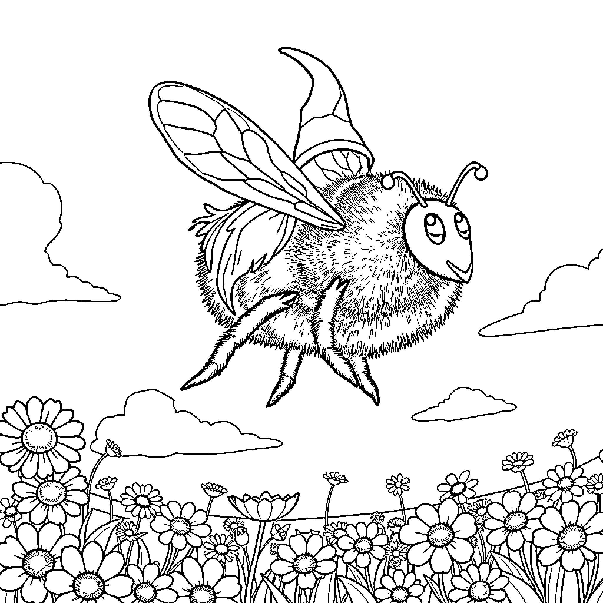 Bumble Bee exploring a flower-filled meadow Coloring Page (free black-and-white line drawing printable PDF for all, from beginners to advanced learners, including children, teens, adults, and seniors)
