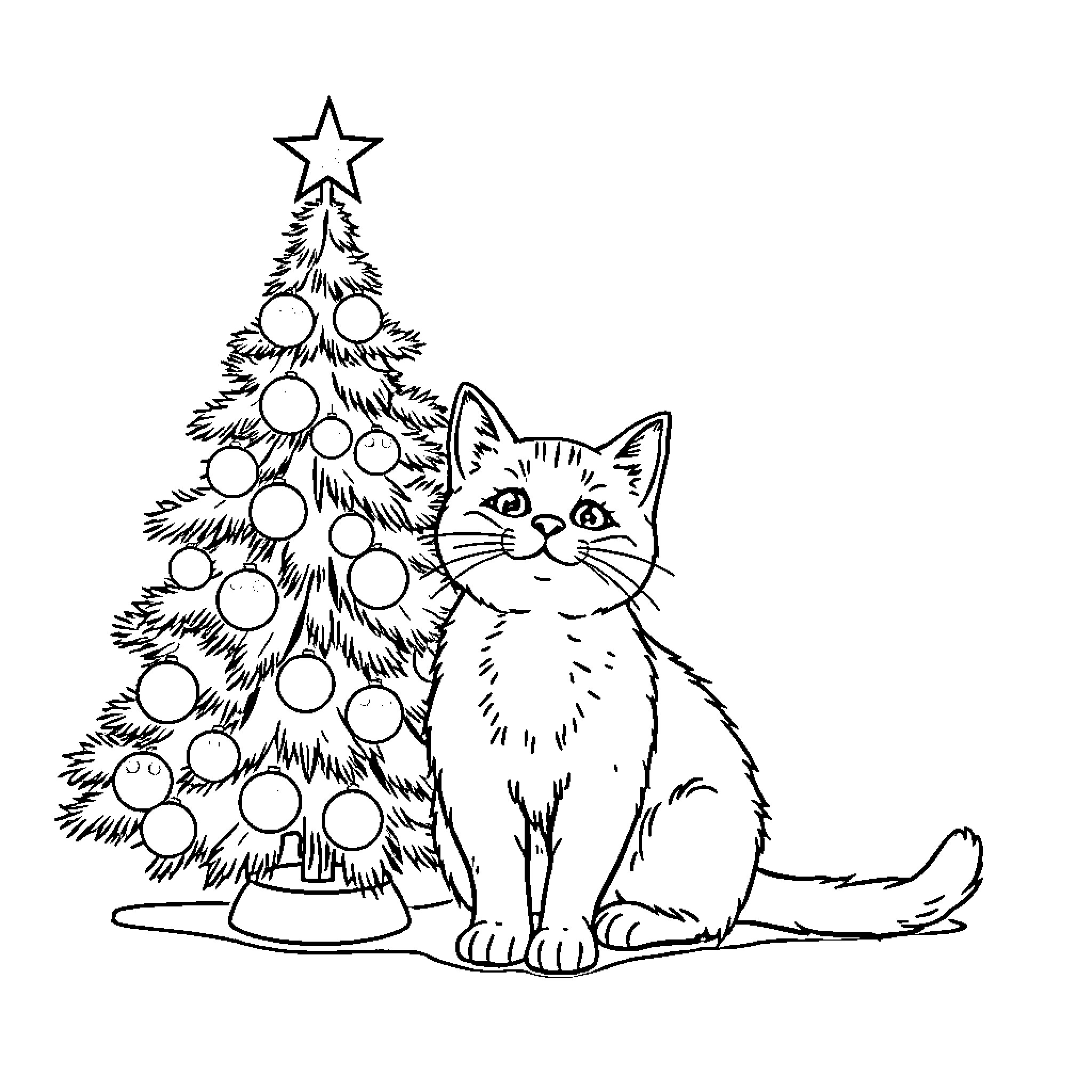 Cat looking curiously at Christmas tree Coloring Page (free black-and-white line drawing printable PDF for all, from beginners to advanced learners, including children, teens, adults, and seniors)