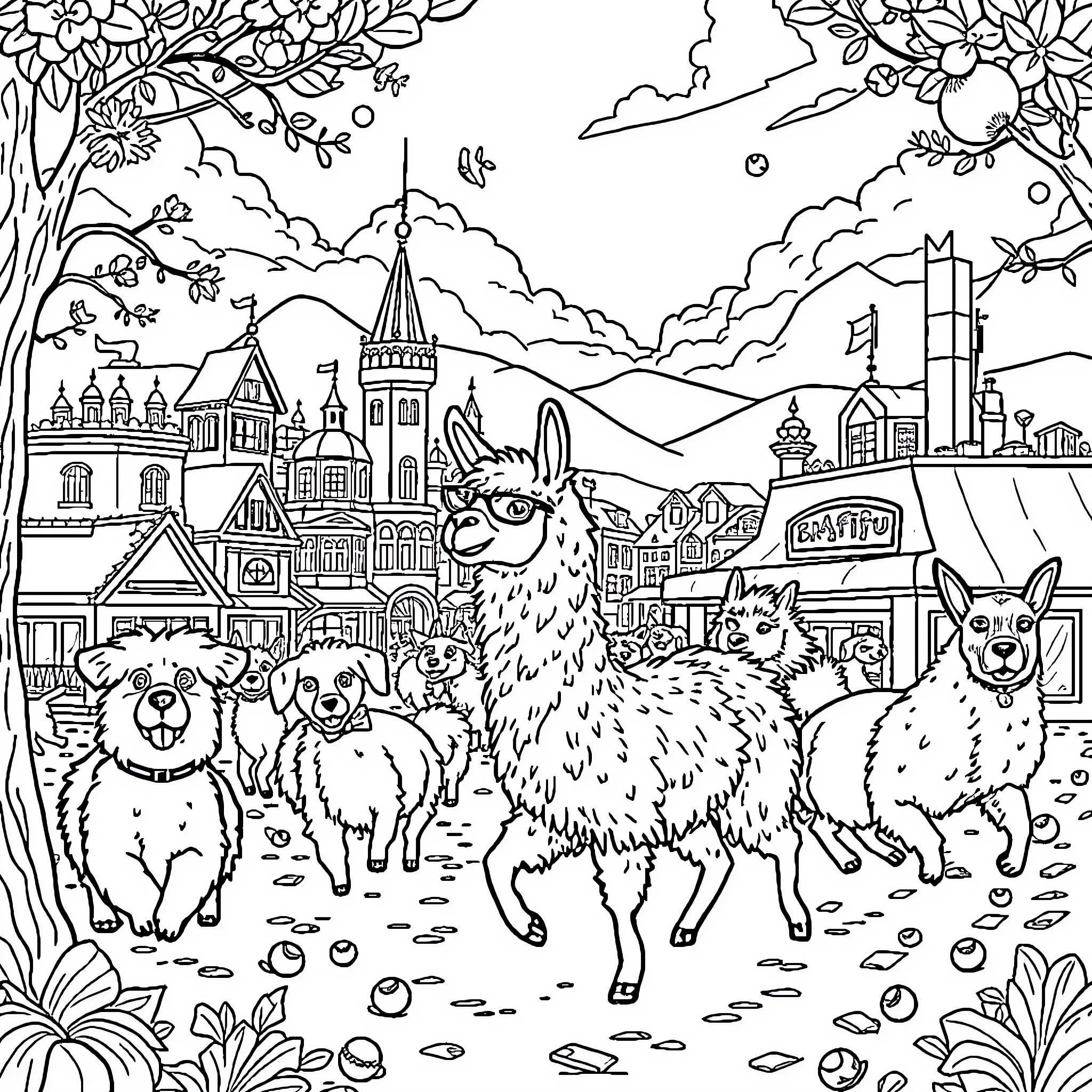 Perro con amigos explorando el pueblo Coloring Page (free black-and-white line drawing printable PDF for all, from beginners to advanced learners, including children, teens, adults, and seniors)