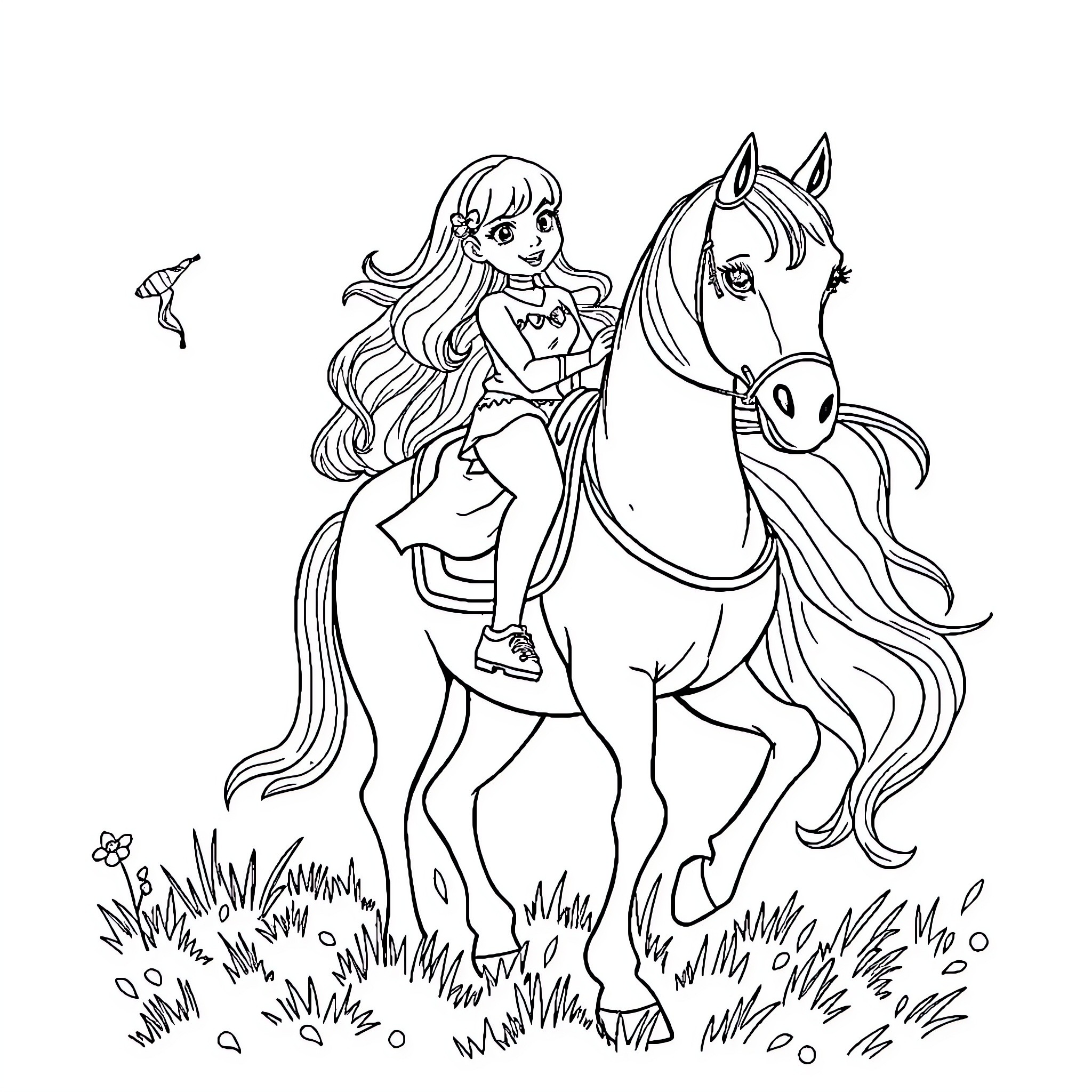 Candy Girl and Her Loyal Horse Adventure Coloring Page (free black-and-white line drawing printable PDF for all, from beginners to advanced learners, including children, teens, adults, and seniors)