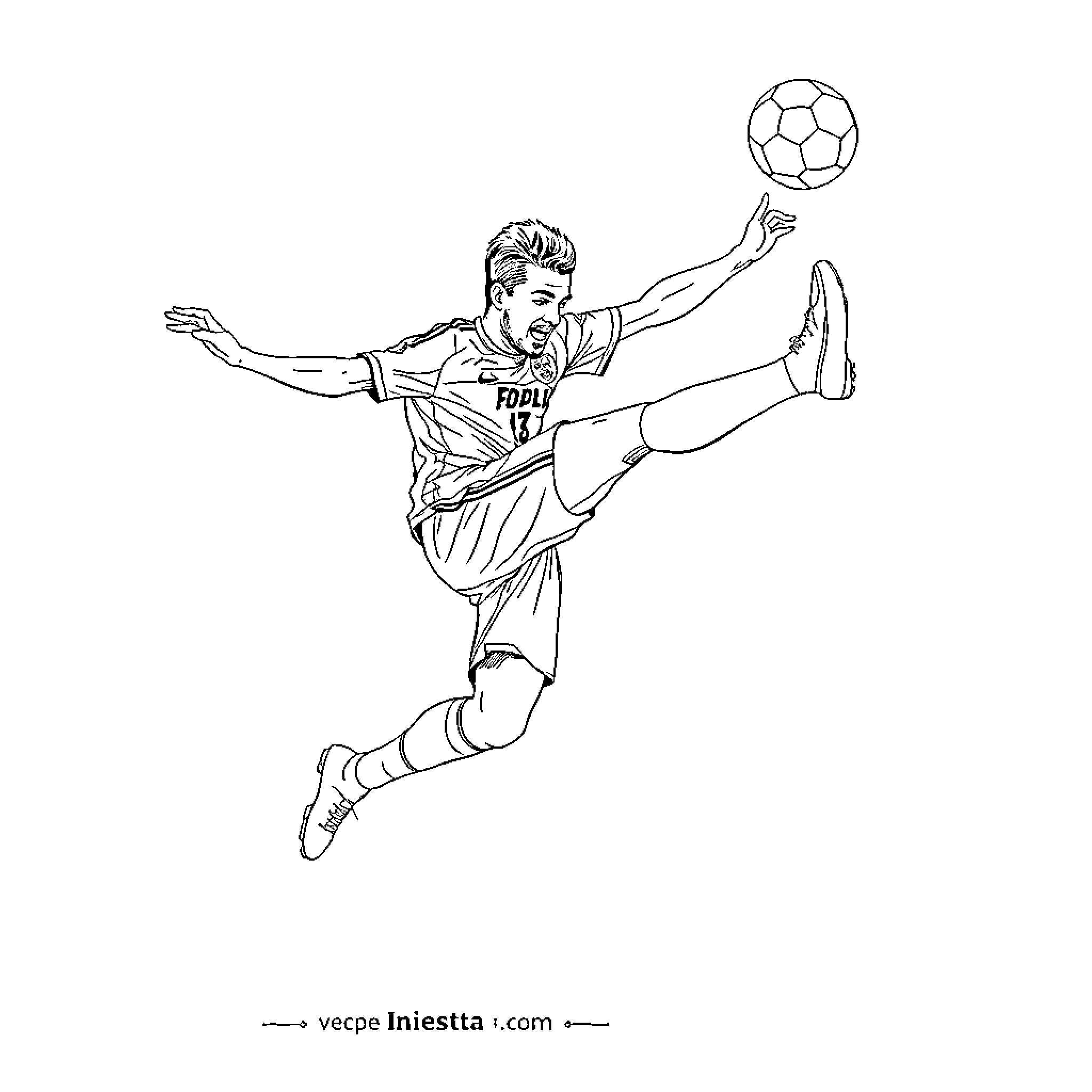Iniesta's Acrobatic Soccer Move Coloring Page (free black-and-white line drawing printable PDF for all, from beginners to advanced learners, including children, teens, adults, and seniors)