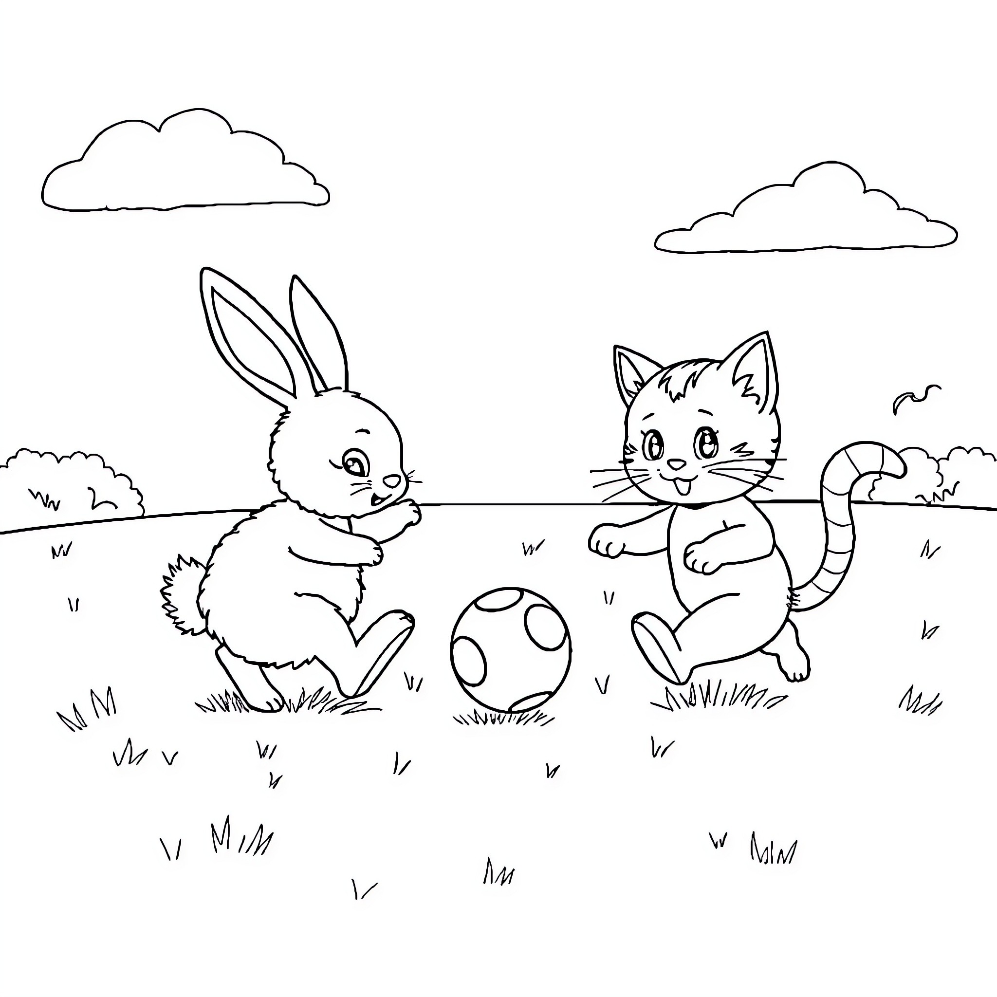 Bunny and kitty playing happily in the meadow Coloring Page (free black-and-white line drawing printable PDF for all, from beginners to advanced learners, including children, teens, adults, and seniors)